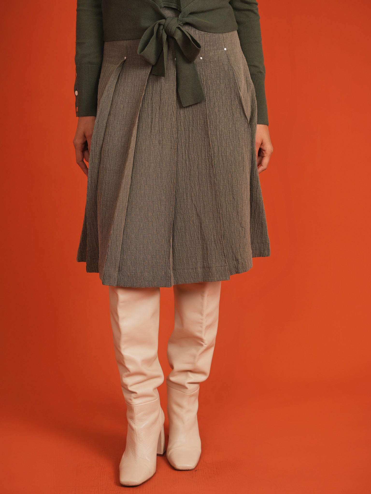 Drawer taffeta material RESORT2 Jacquard Pleated skirt 6524-299-1883 Off-white Yellow Moss green 36