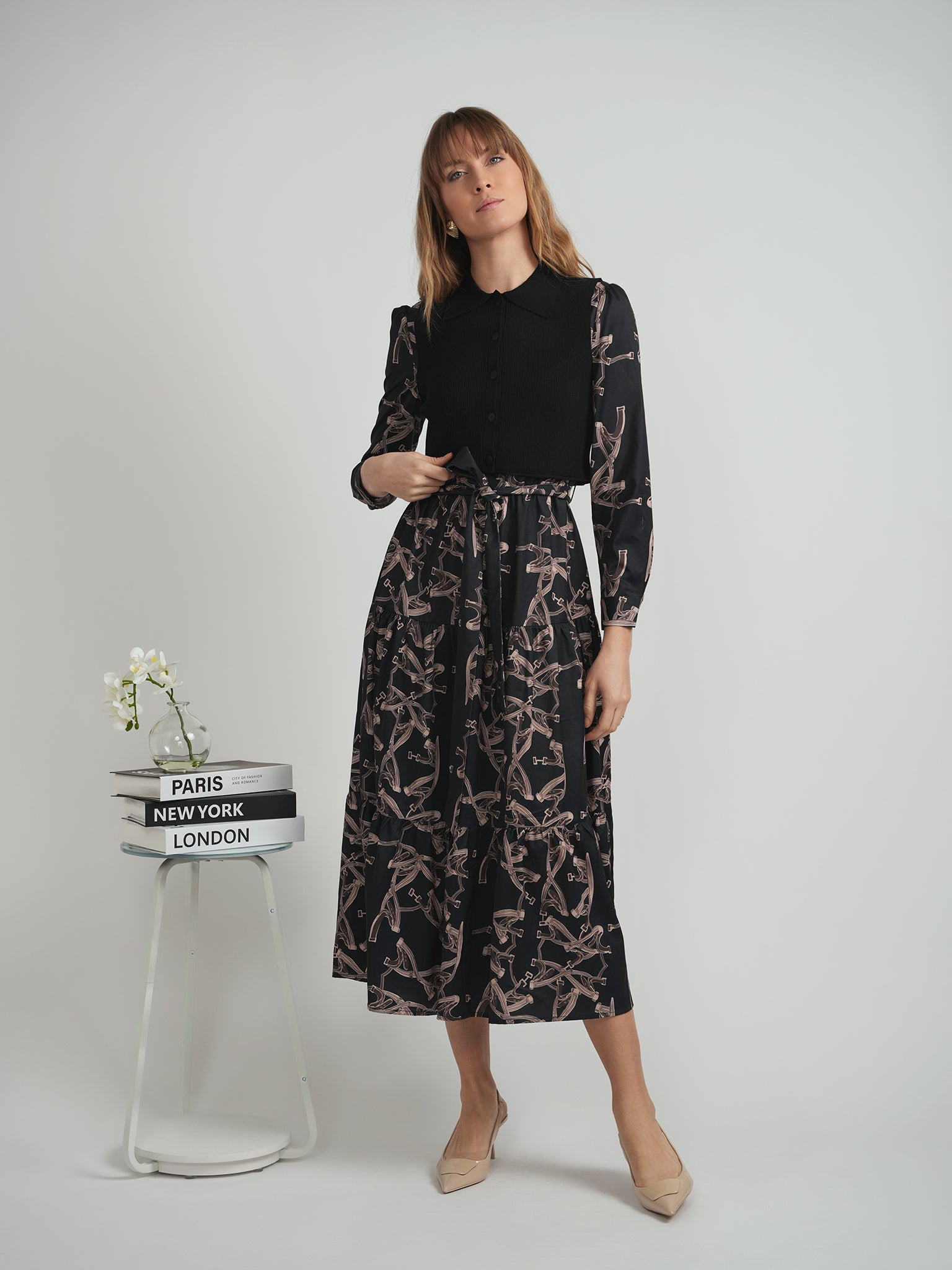 2 piece midi dress set Elegant Cropped Midi Dress Set with Knit Vest