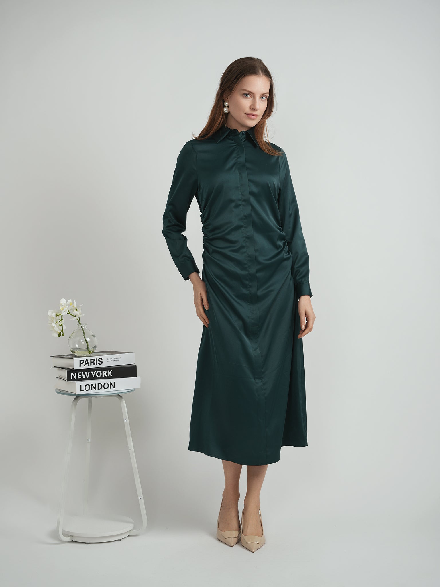 hush shirt dress Coco de la Mour Women's Satin Side Gathered Button Front Shirt Dress - Green