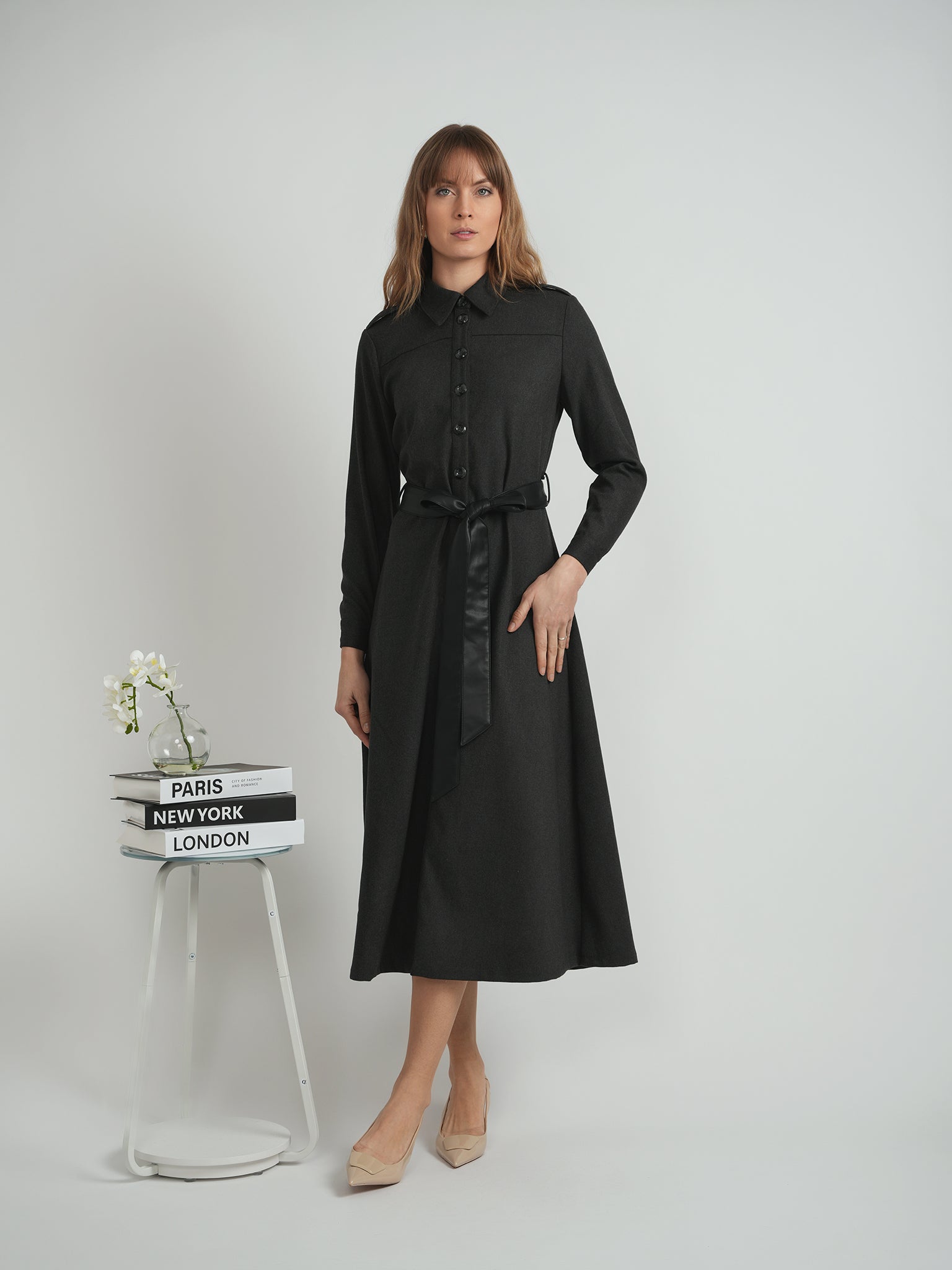 wool dress midi Elegant Wool Shirt Dress with Leather Belt