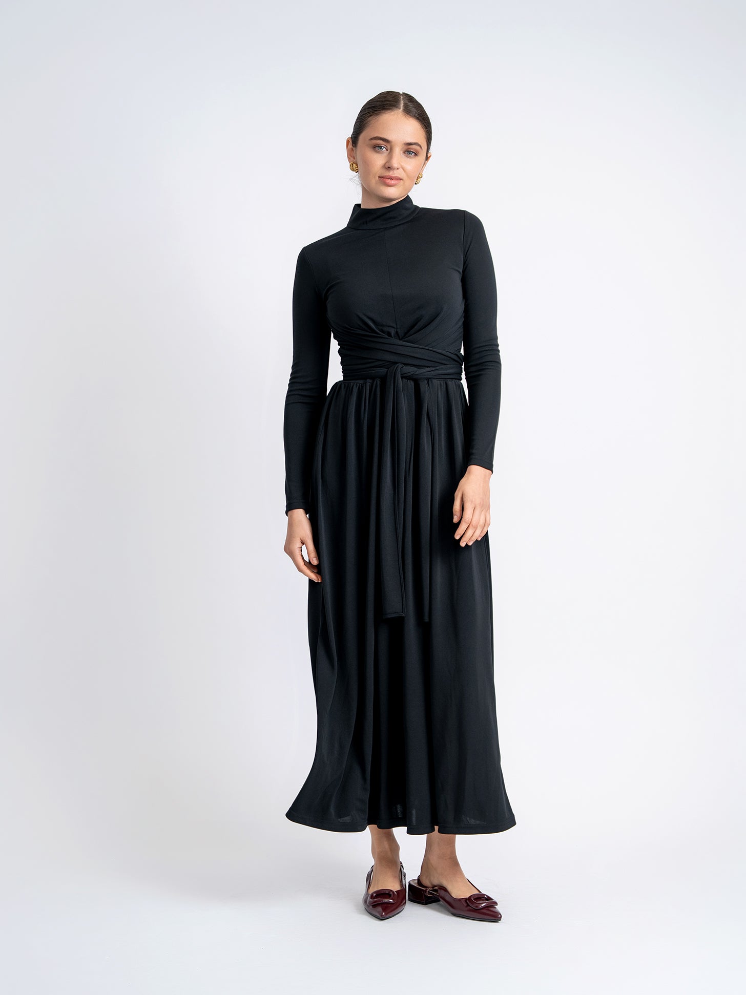 blue dress for baby girl Threadbare Women's Black Cotton Poplin V Neck Tie Belt Puff Sleeve Tiered Midi  Dress main image 1