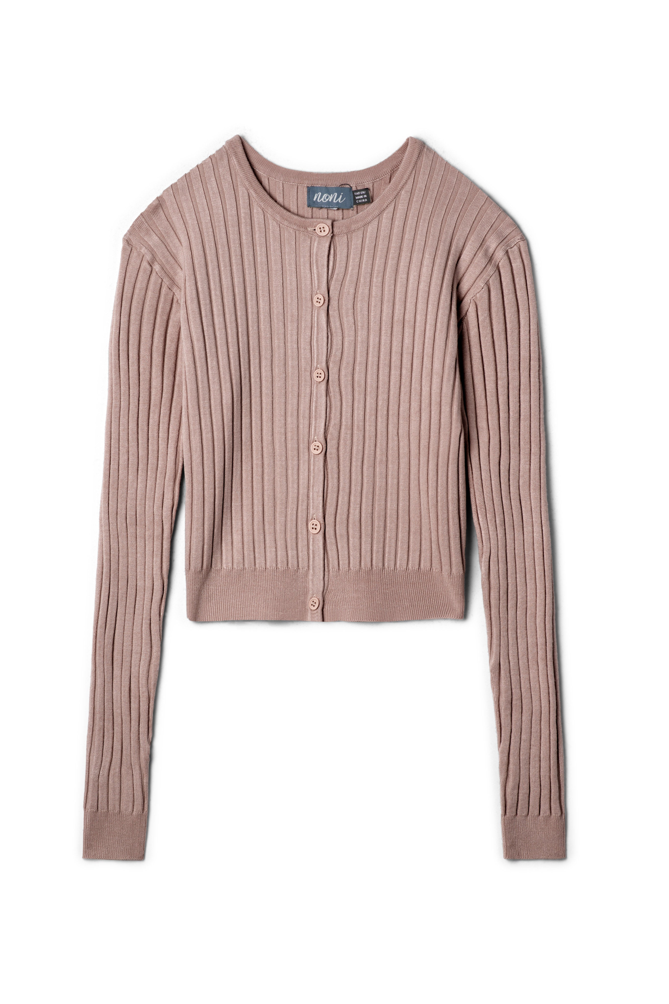 Wide Rib Knit Cardigan in Brown Mauve by Noni