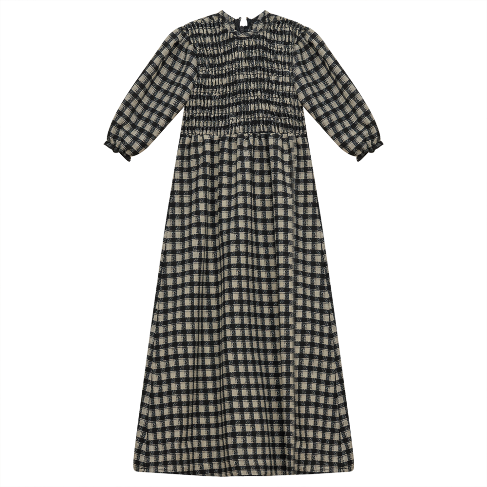 Smocked Long Dress in BLACK PRINT by Neuf 9