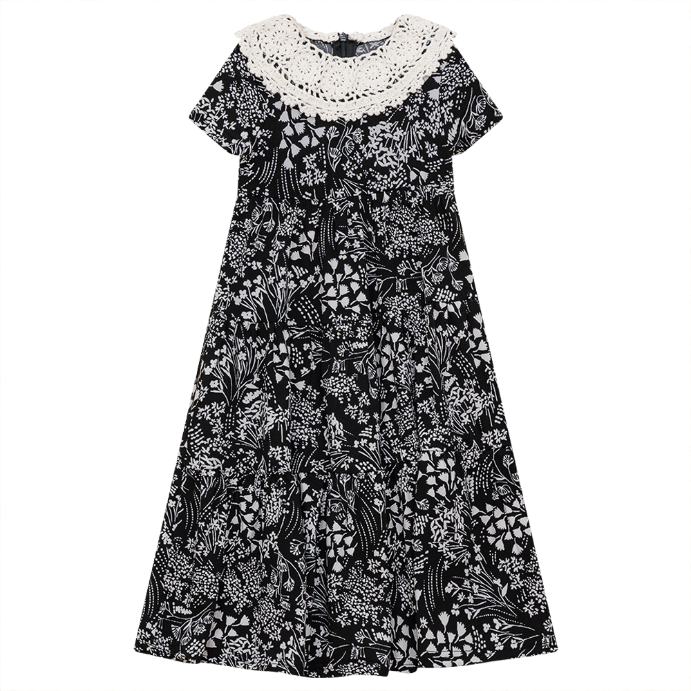 Floral Print Dress with Lace Collar in Black Floral by Seal