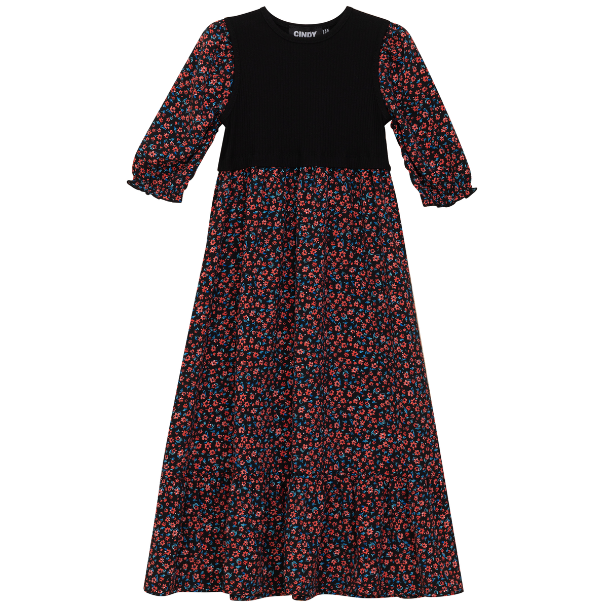 Printed Pleated Dress in Black Coral Turquoise by Cindy