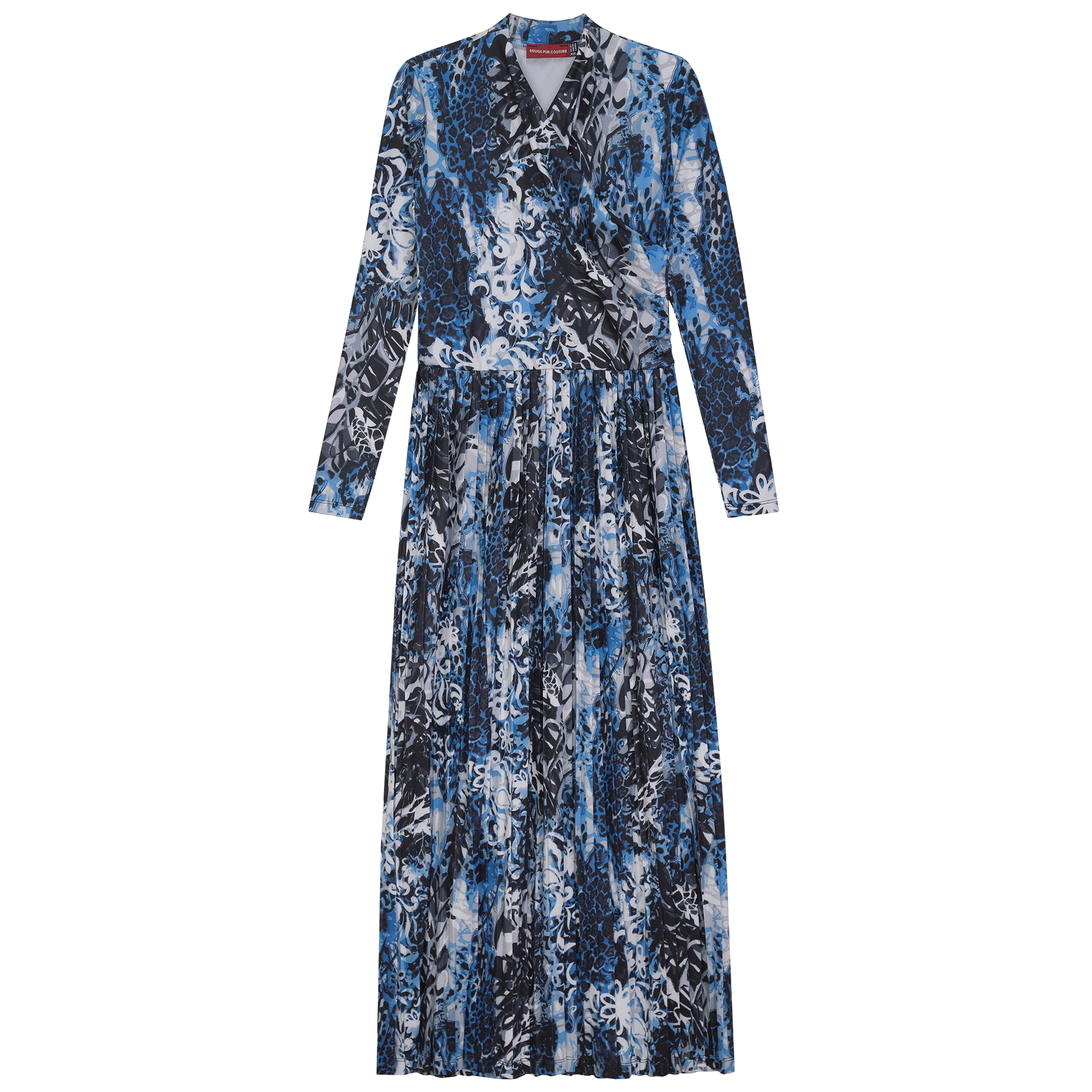 Printed Pleated Wrap Dress in BLACK WHITE BLUE by Rouge Pur Couture