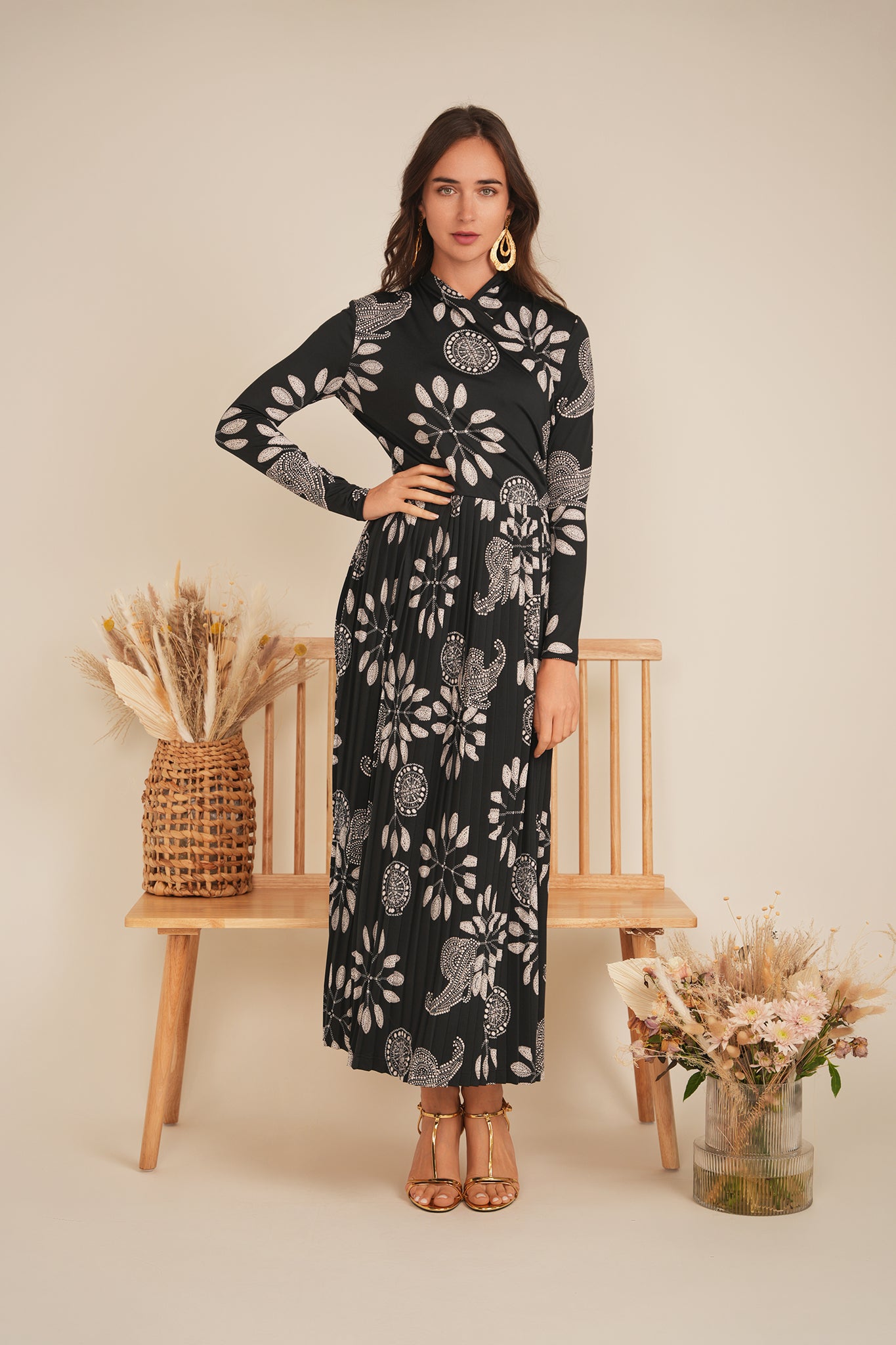 Printed Pleated Wrap Dress in by Rouge Pur Couture