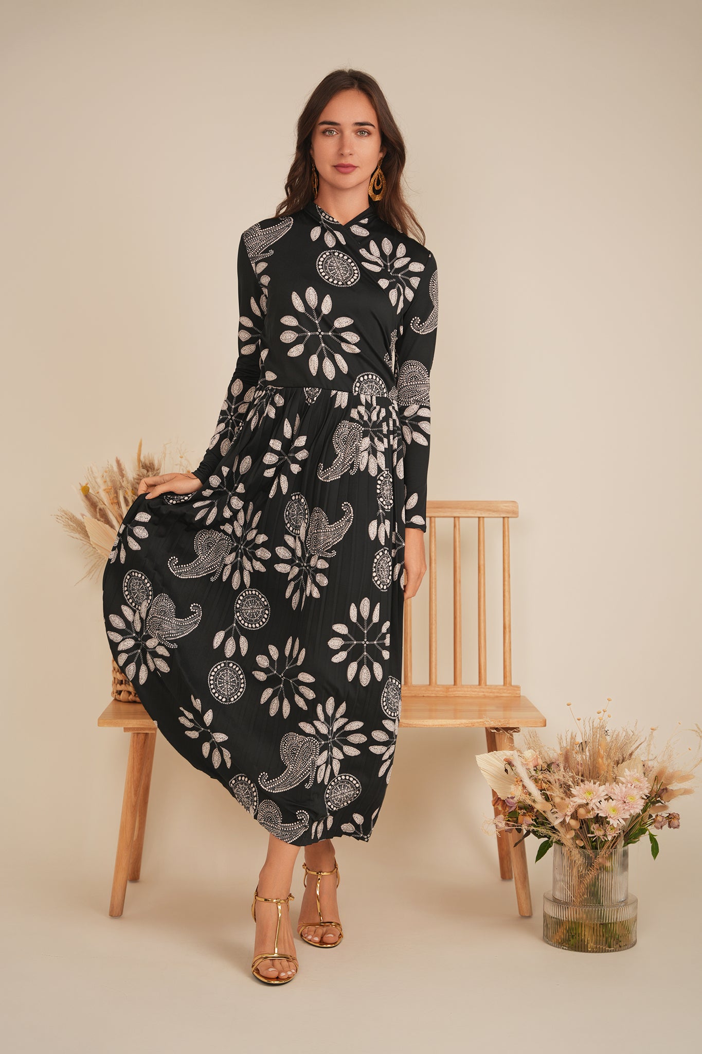Printed Pleated Wrap Dress in by Rouge Pur Couture
