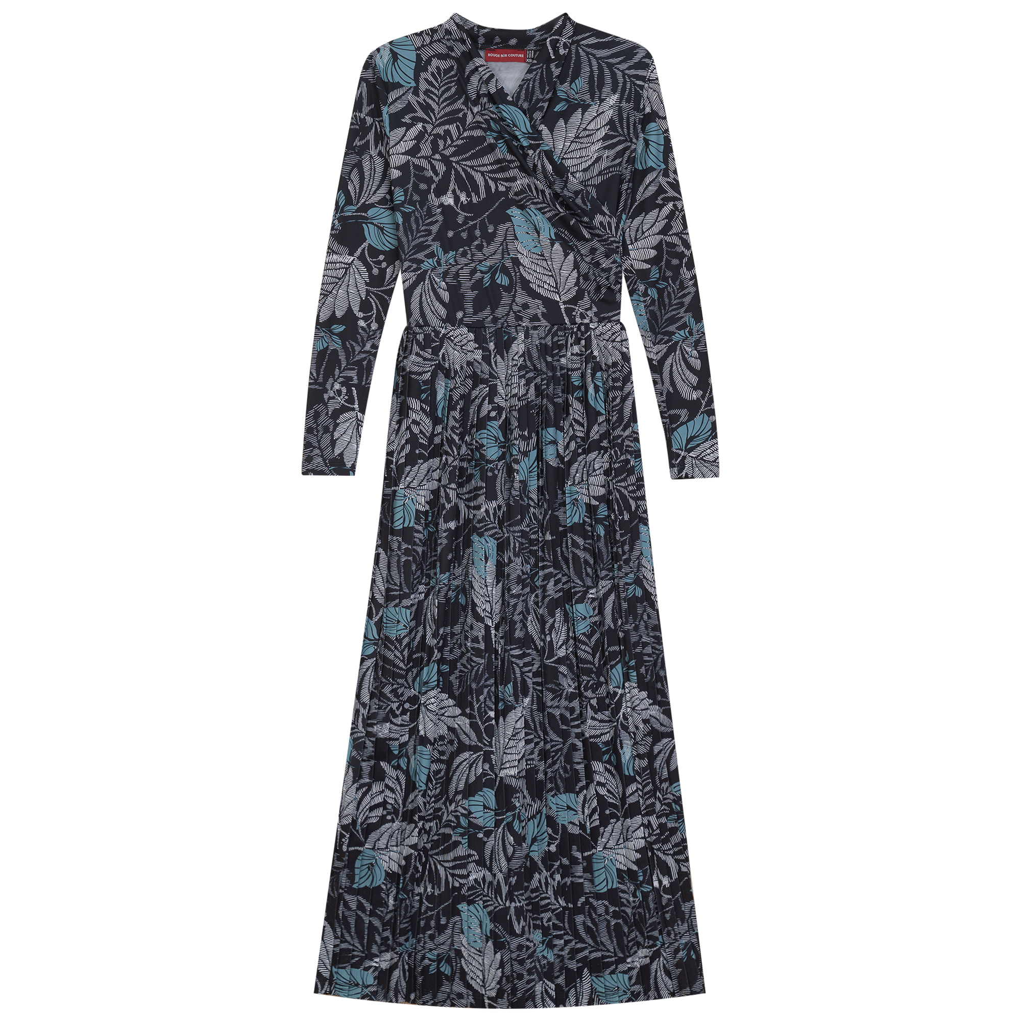 Printed Pleated Wrap Dress in Black White Mint by Rouge Pur Couture
