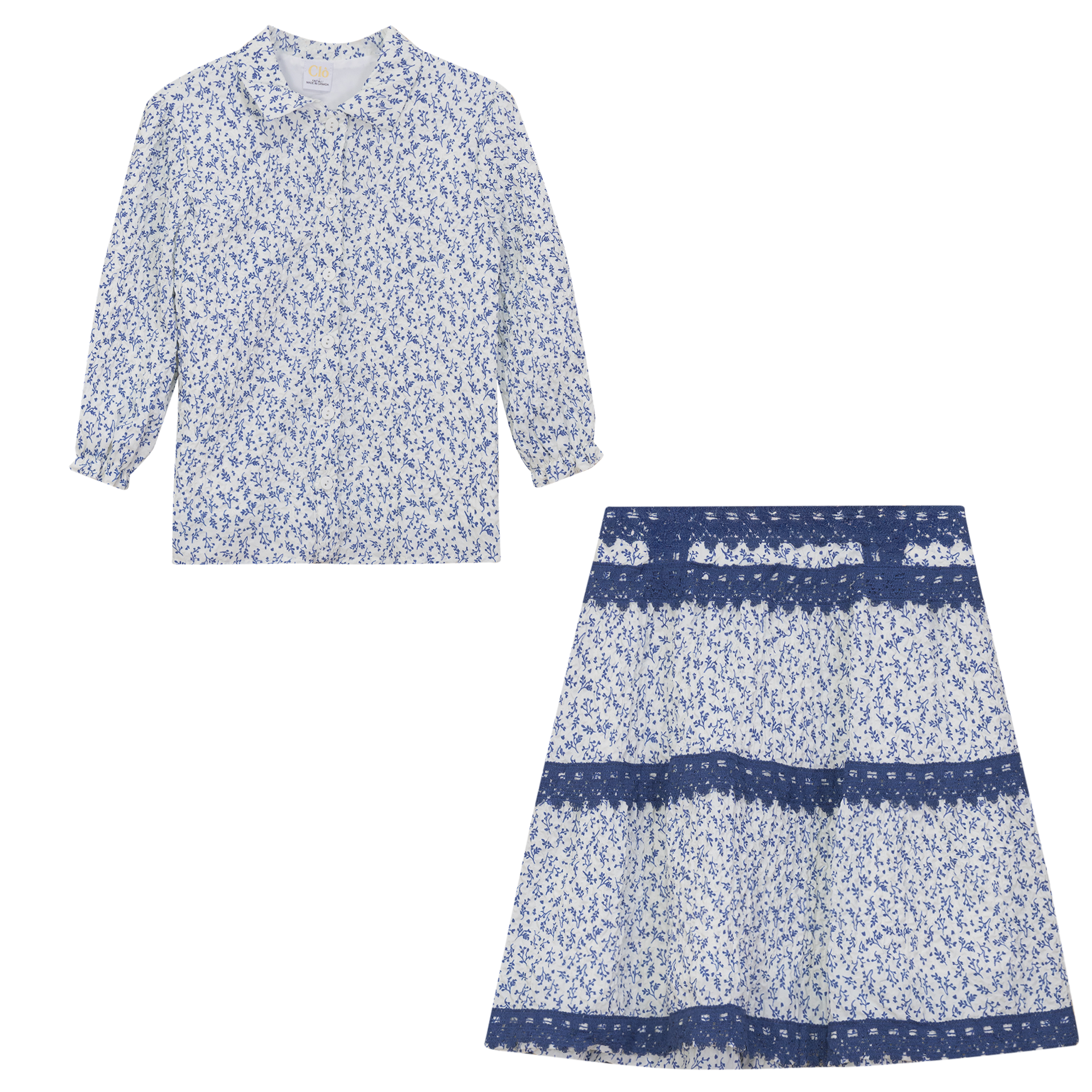 Leaf Printed 2Pc Set in White Blue Floral by Clô