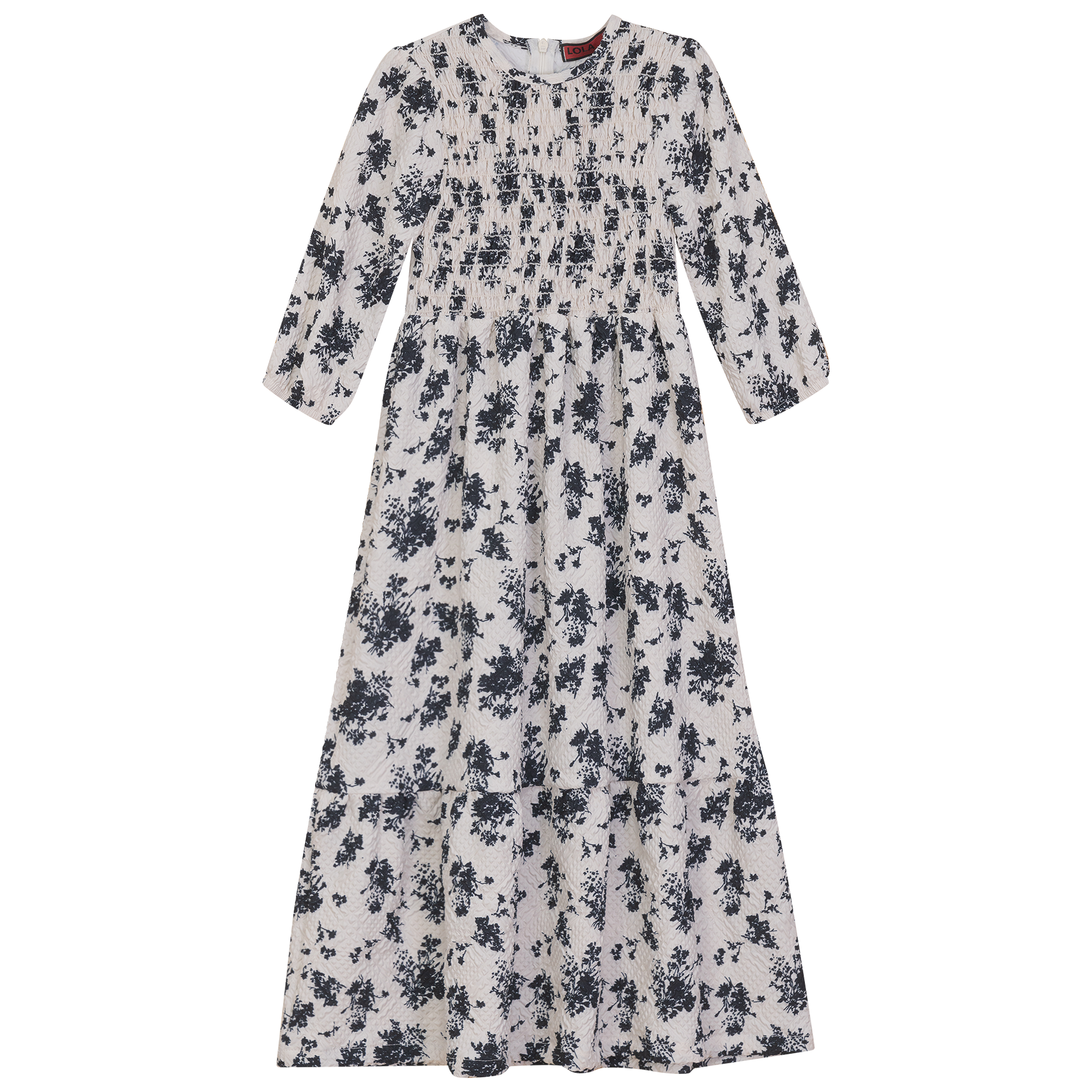 Smocked Stiched Floral Dress in Black by Lola