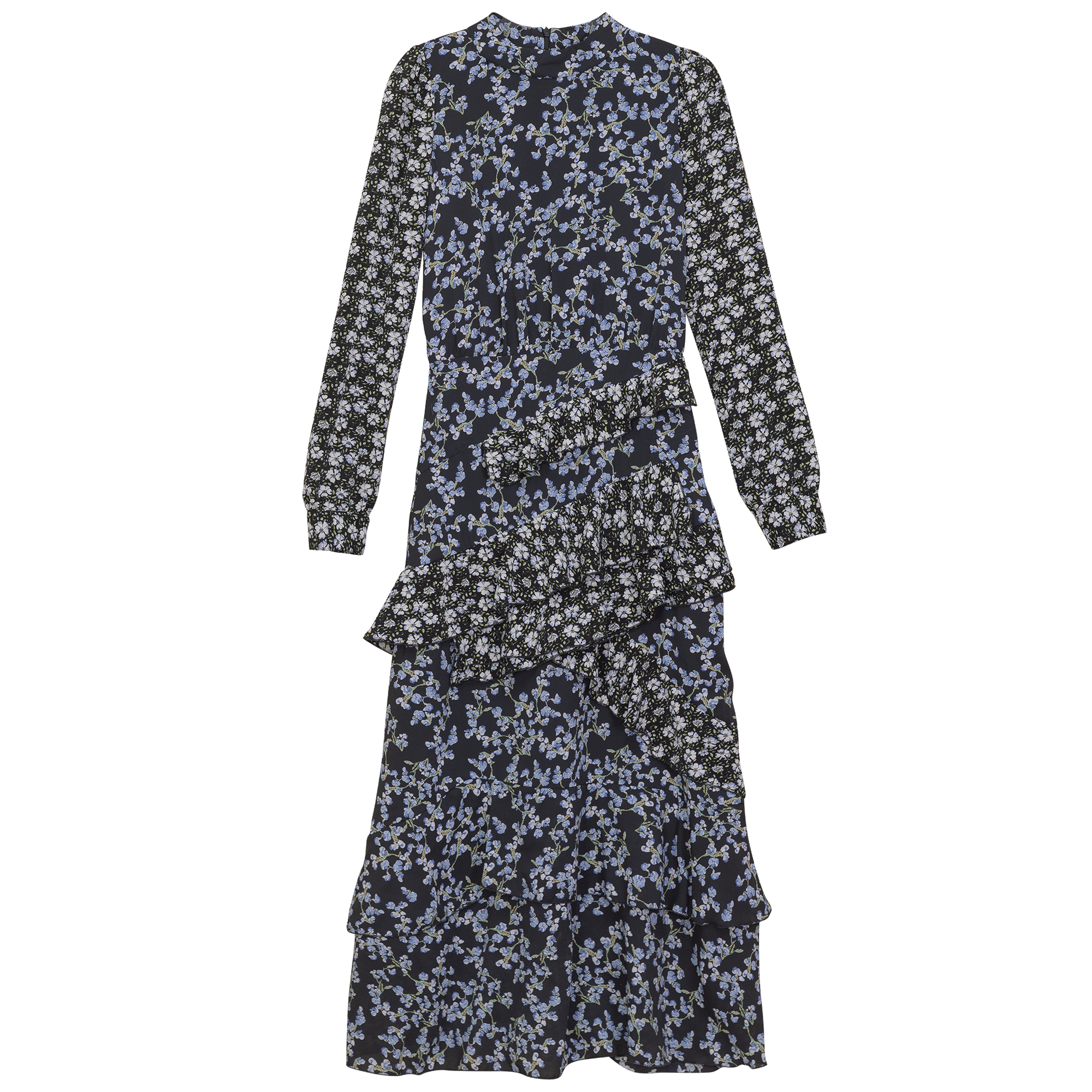 Ruffle Floral Printed Dress in Black Blue Floral by Noni