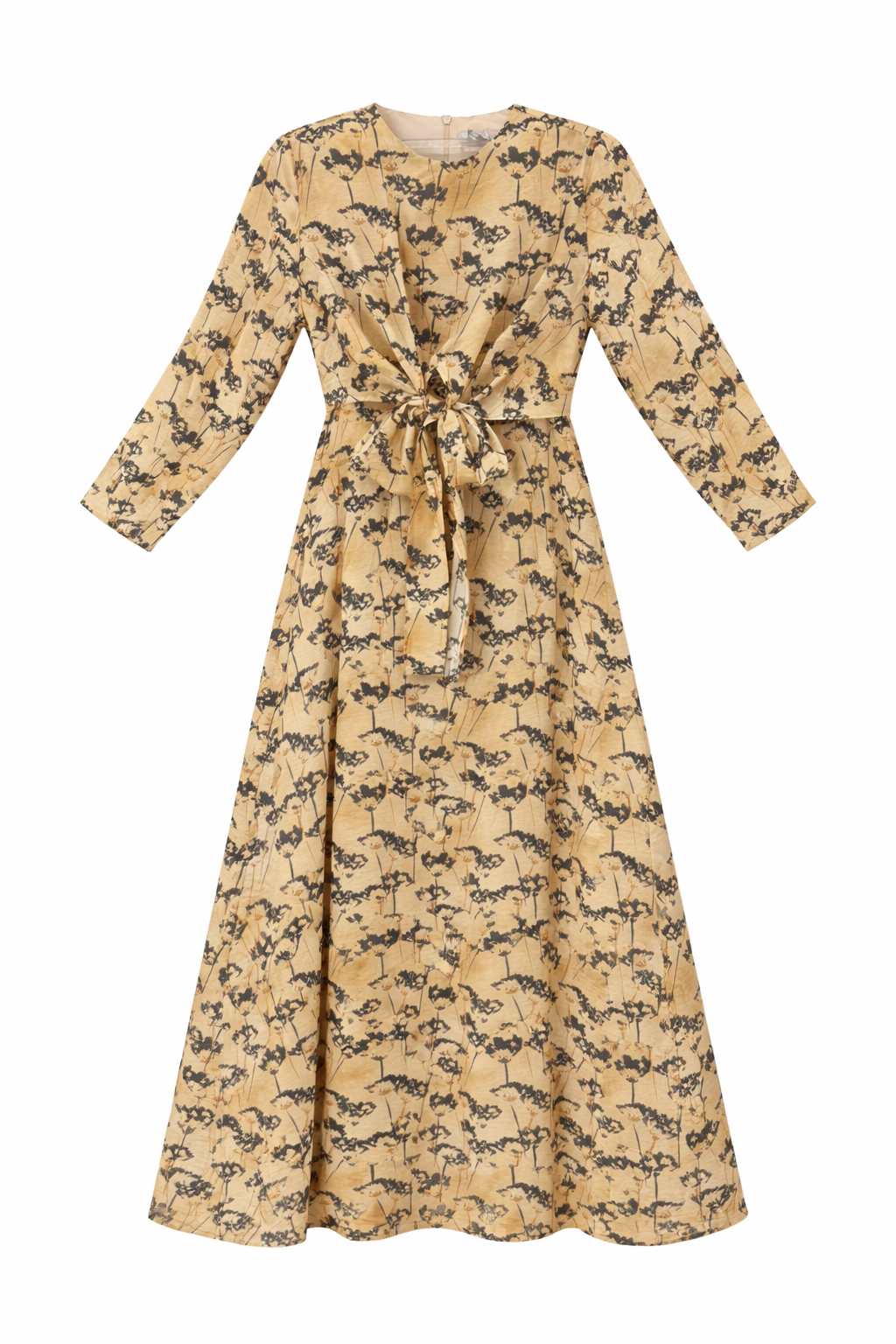 Printed Long Sleeve Wrap Waist Midi Dress