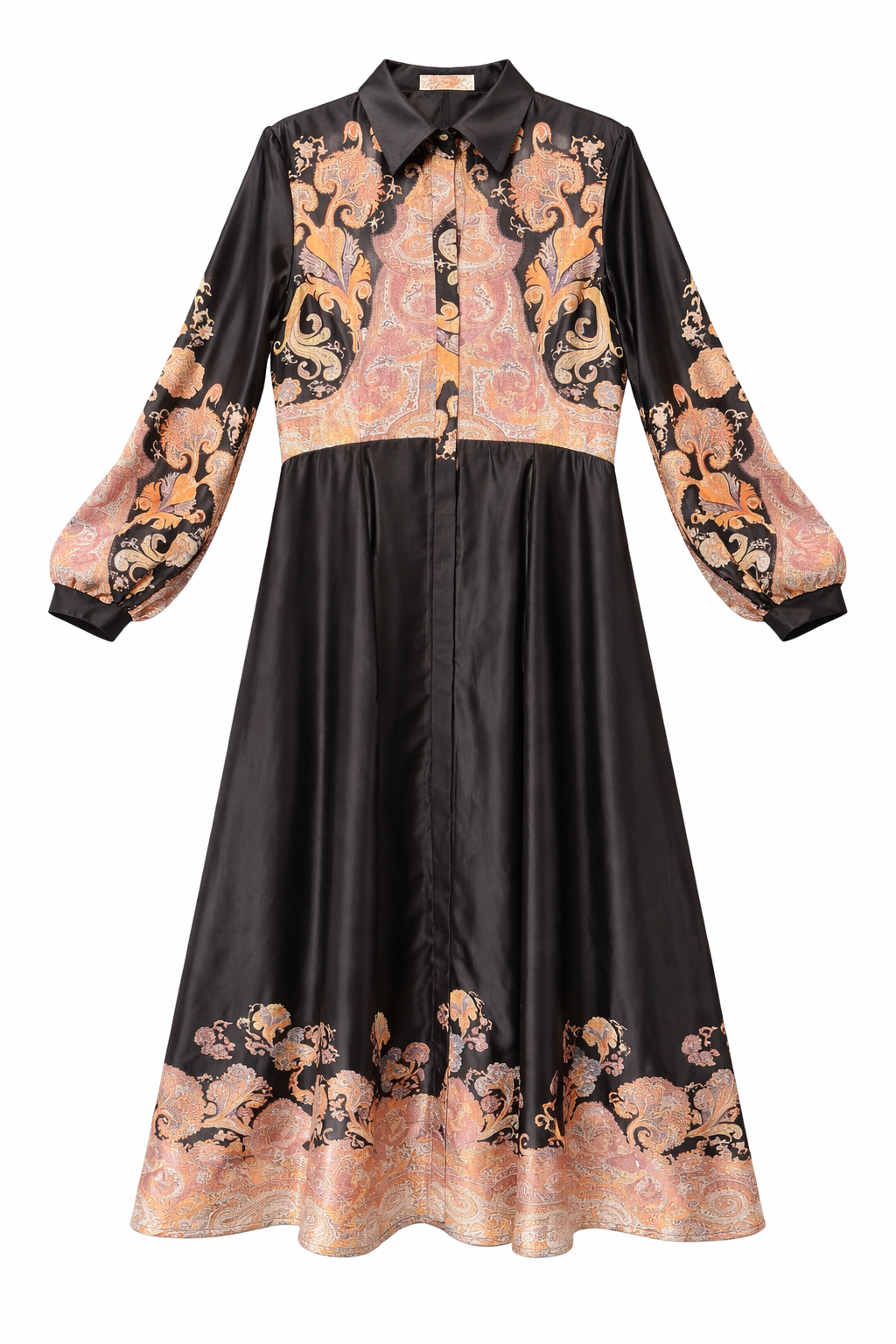 Paisley Print Button Front Collared Midi Dress in Black Print by Caitlin