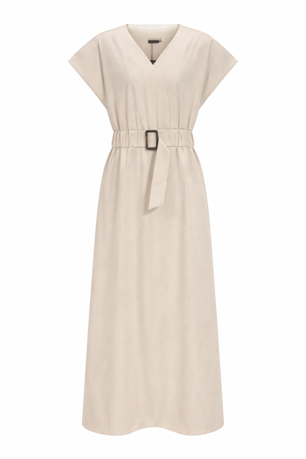 Striped Short Sleeve Belted Midi Dress in Beige Stripe by Maxmrkt