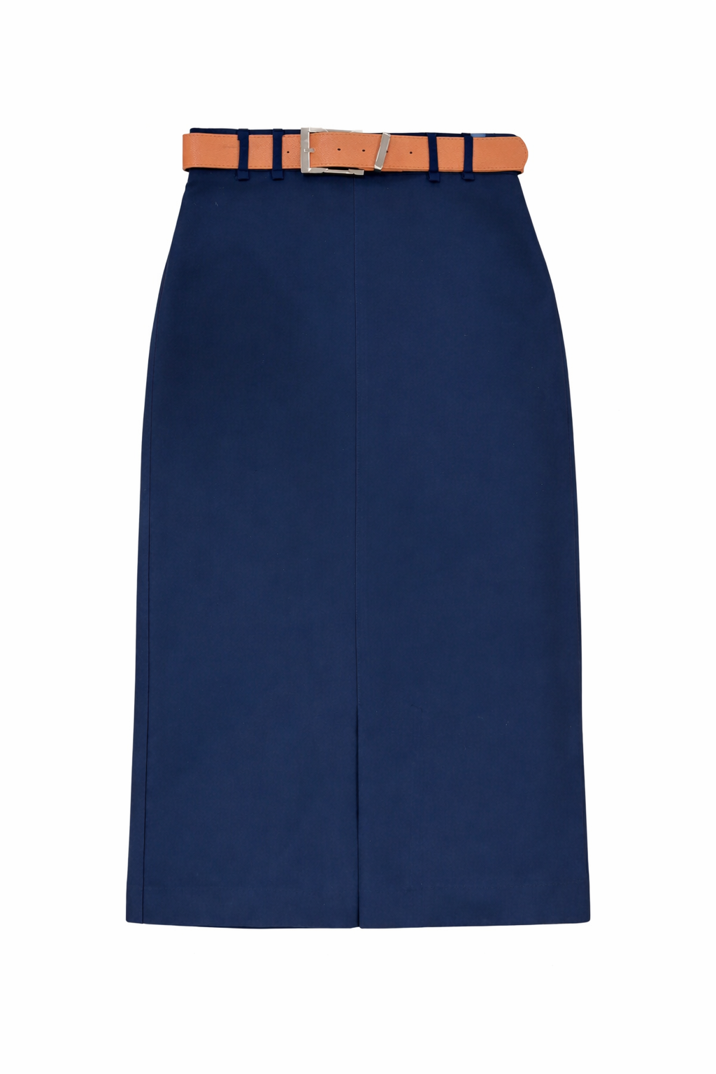 Straight Fit Midi Skirt with Contrast Belt in Navy by Maxmrkt