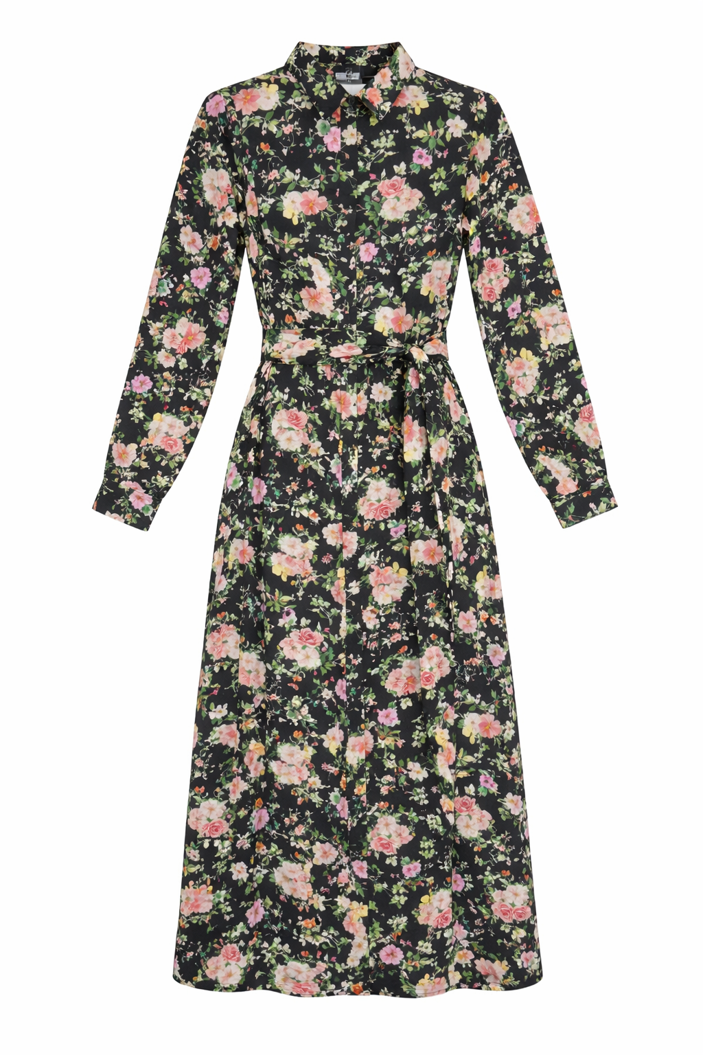 Floral Button Front Belted Midi Dress in BLACK PINK PRINT by A C + Co