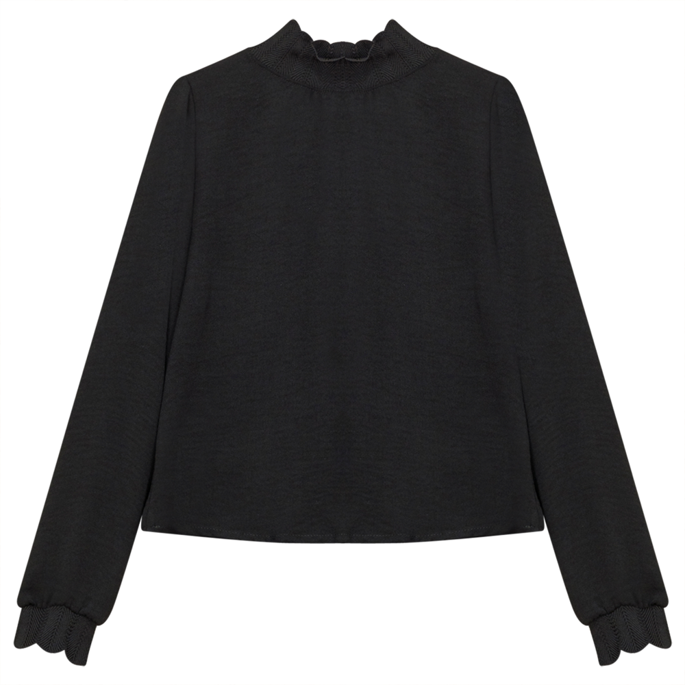 Mock Neck Top with Elastic Rib Lace in Black by Noni