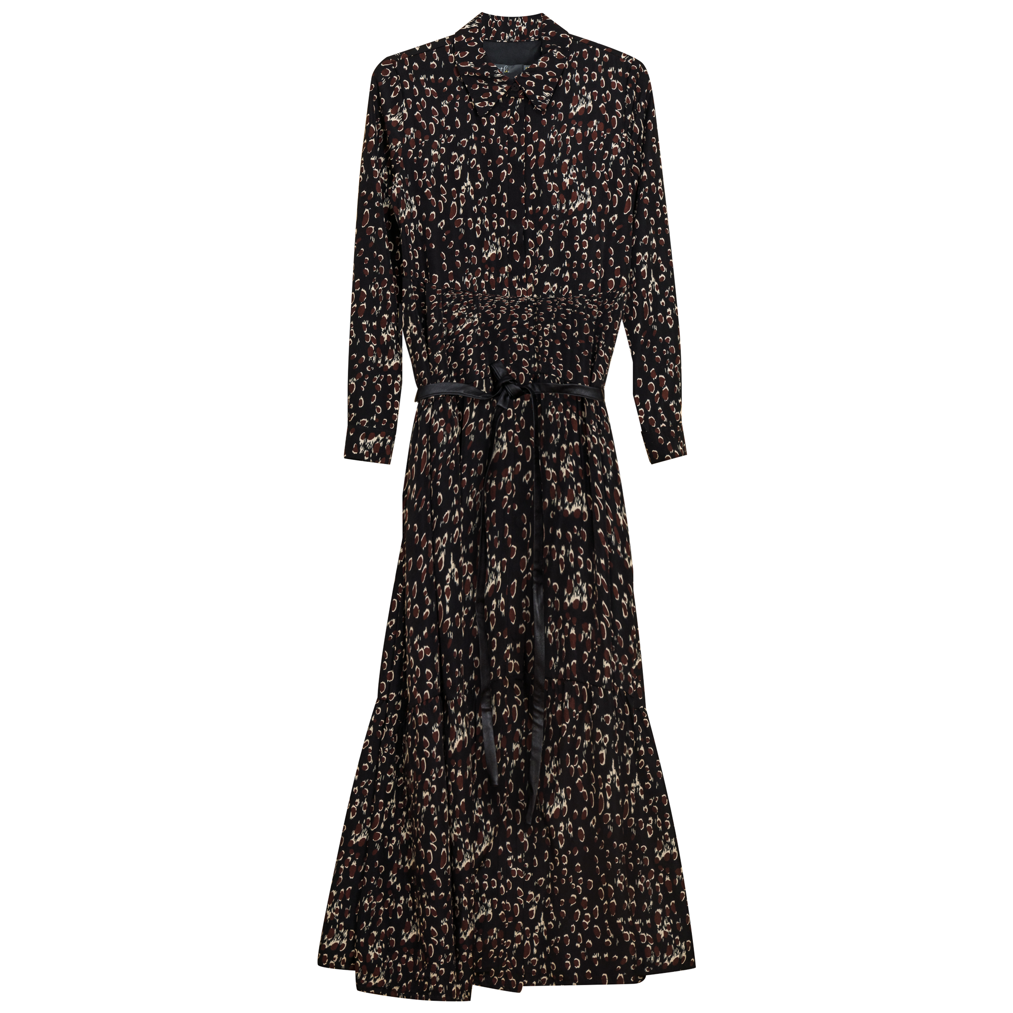 Printed Tiered Dress with Belt in Black Print by Caitlin