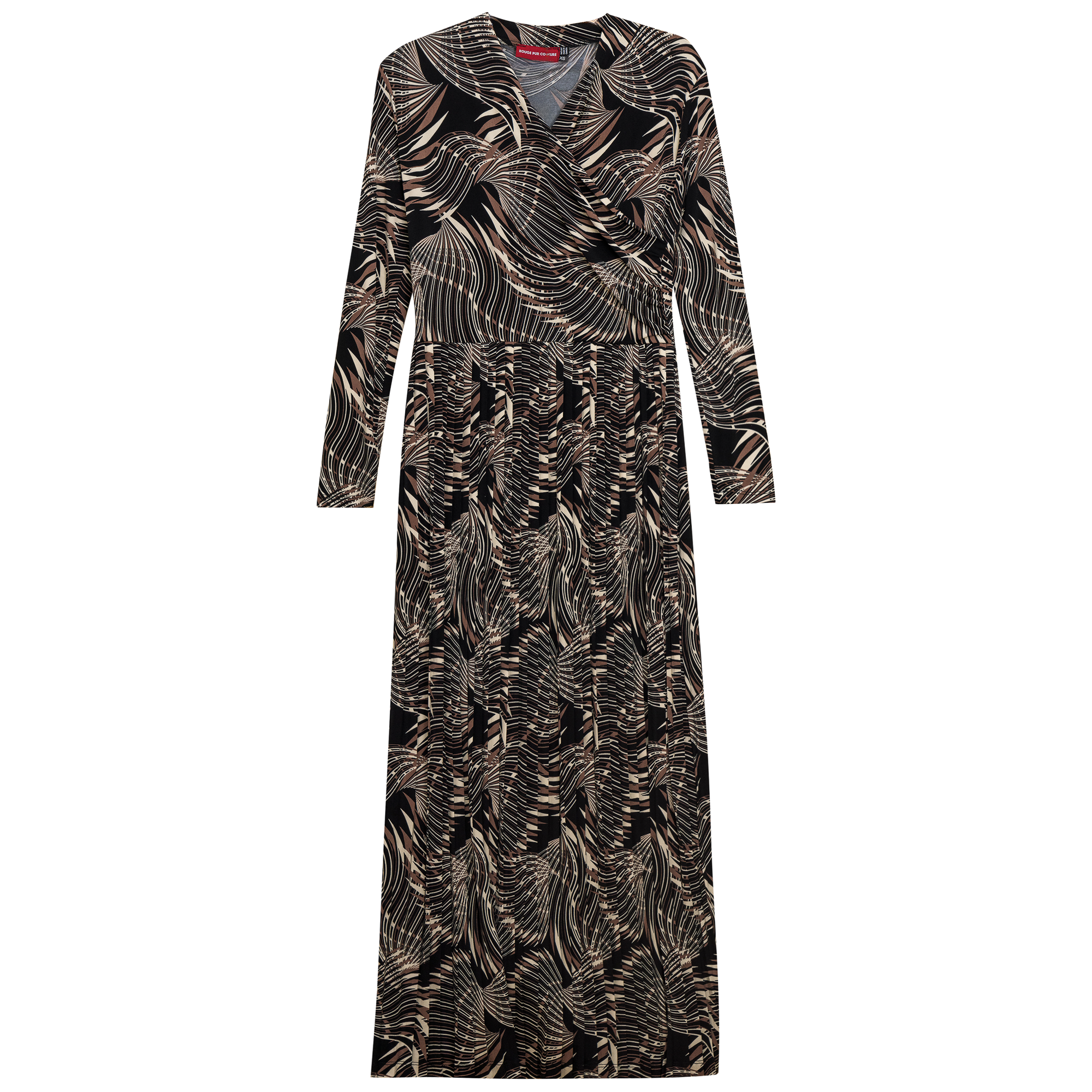Printed Pleated Maxi Dress in Black Taupe by Rouge Pur Couture