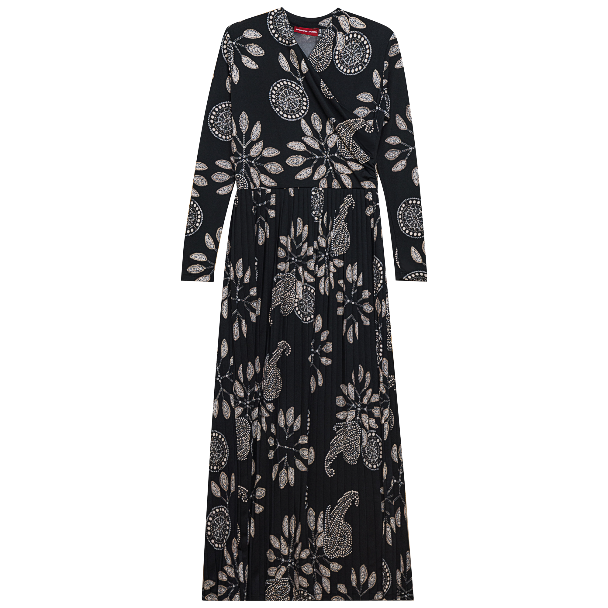 Printed Pleated Wrap Dress - Black/White / XXS