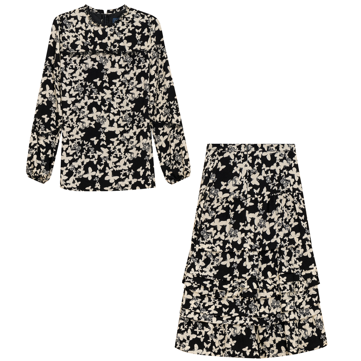 Printed Ruffled 2Pc Set in Black by Noni