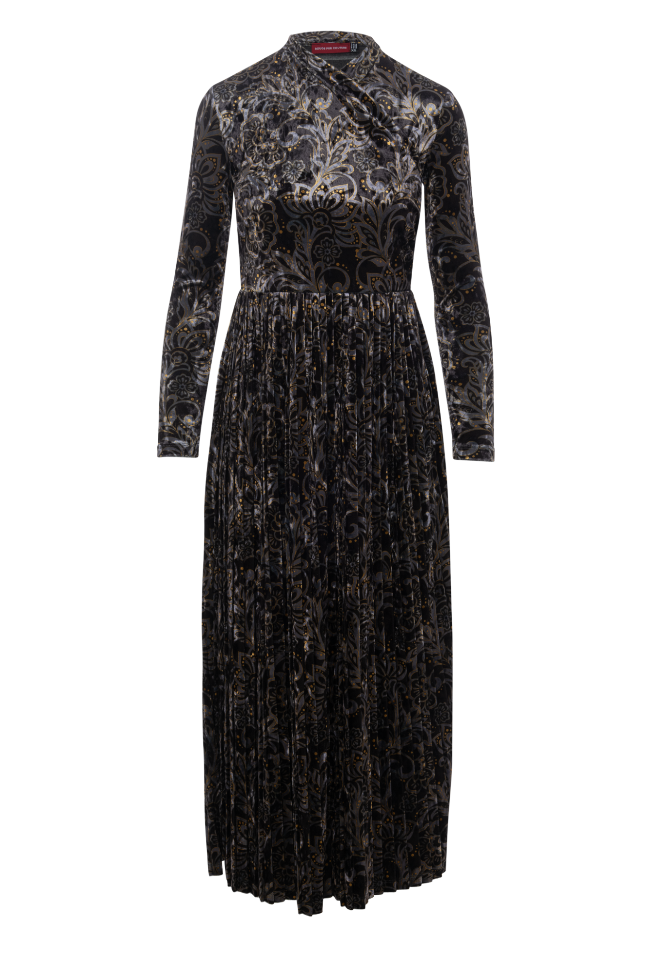 Printed Pleated Wrap Dress in Black Gold Silver by Rouge Pur Couture