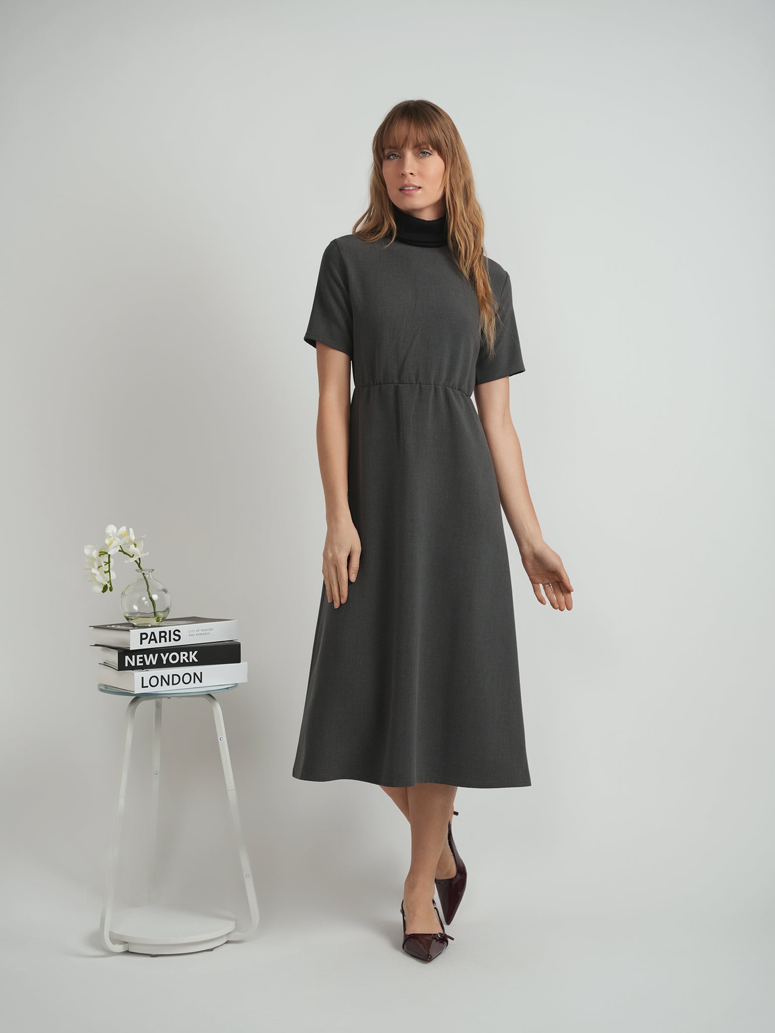 Midi Mock Kneck Dress in by Blanc et Noir