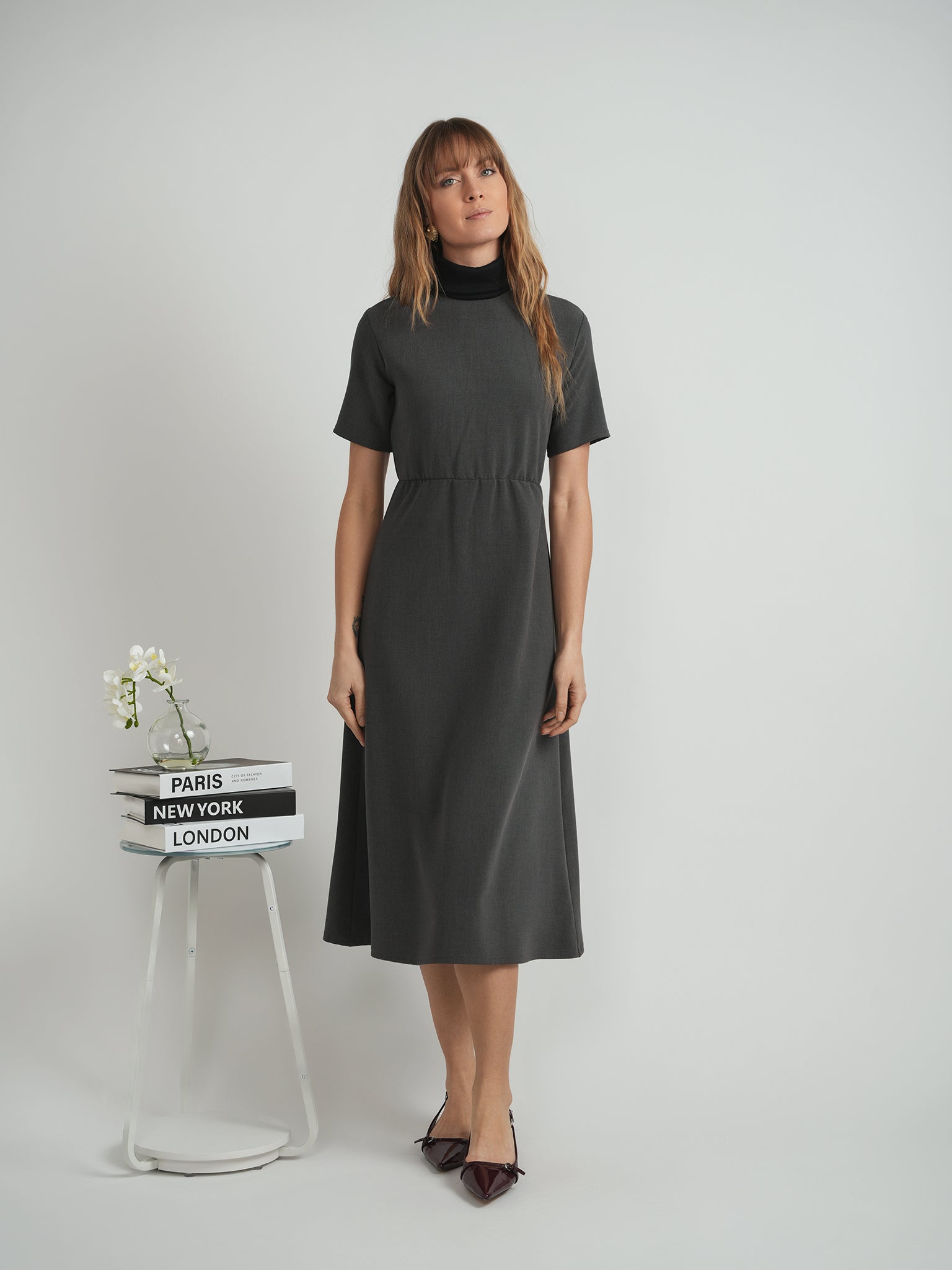 Midi Mock Kneck Dress in by Blanc et Noir