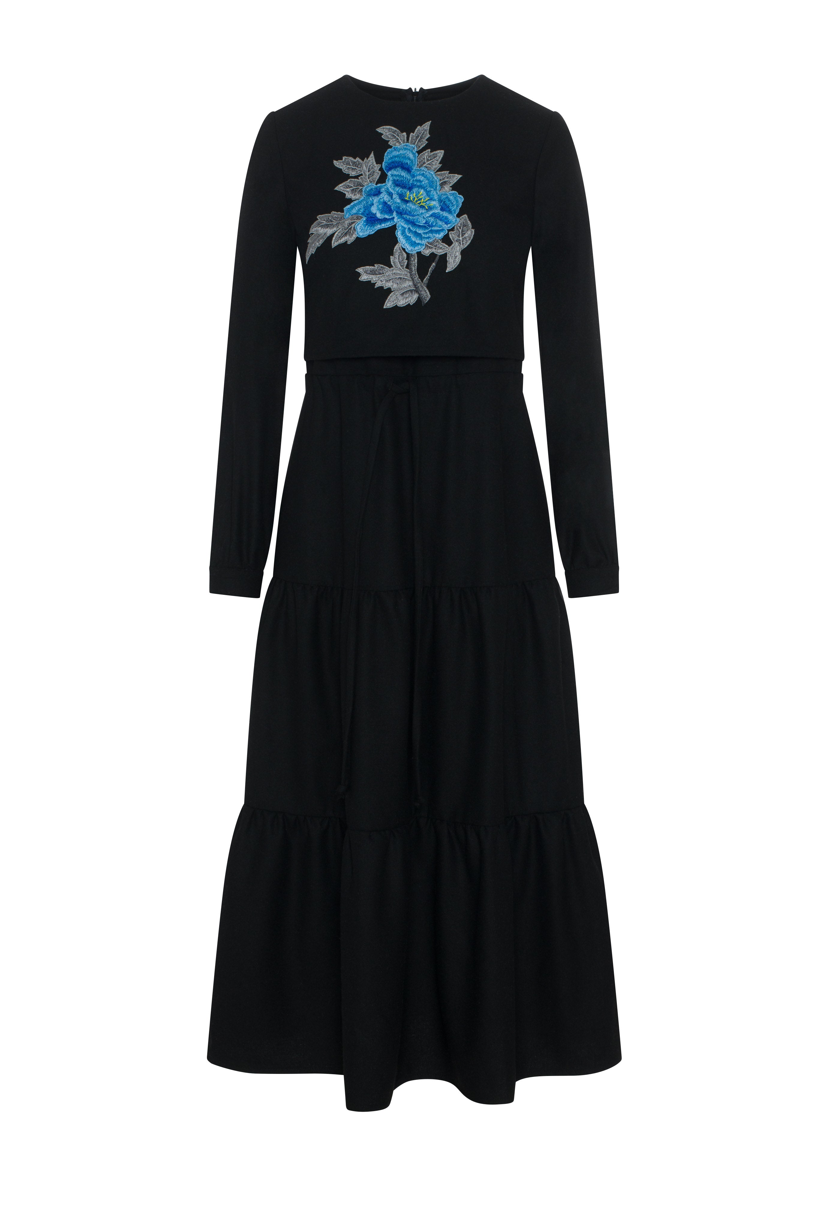 Tiered Floral Embroidered Dress in Black by Rouge Pur Couture