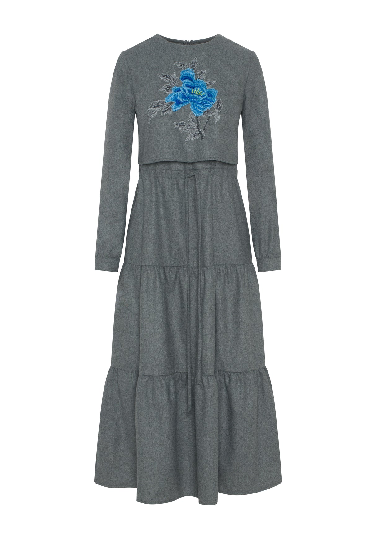 Tiered Floral Embroidered Dress in Grey by Rouge Pur Couture