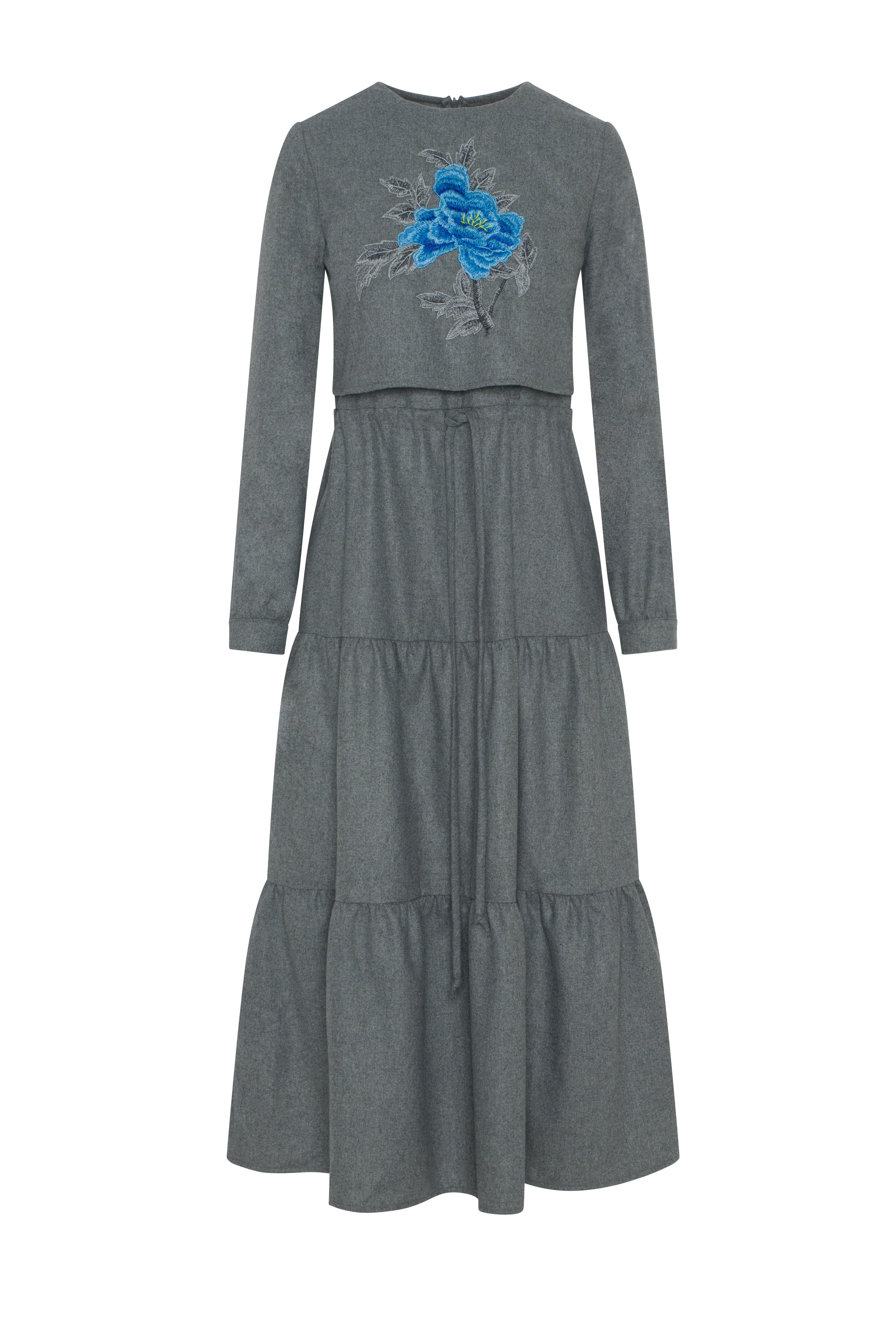 Tiered Floral Embroidered Dress in Grey by Rouge Pur Couture