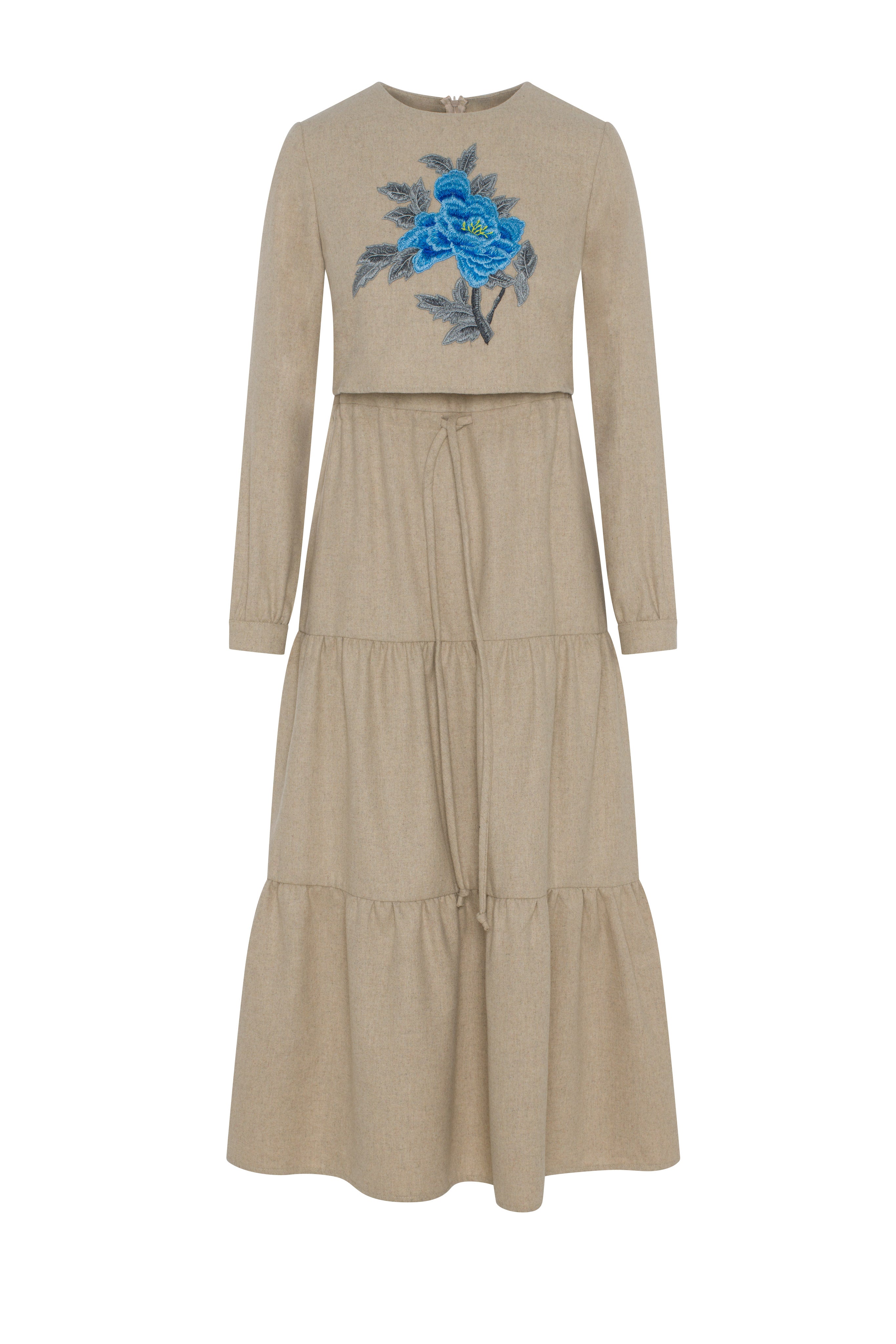 Tiered Floral Embroidered Dress in Oatmeal by Rouge Pur Couture