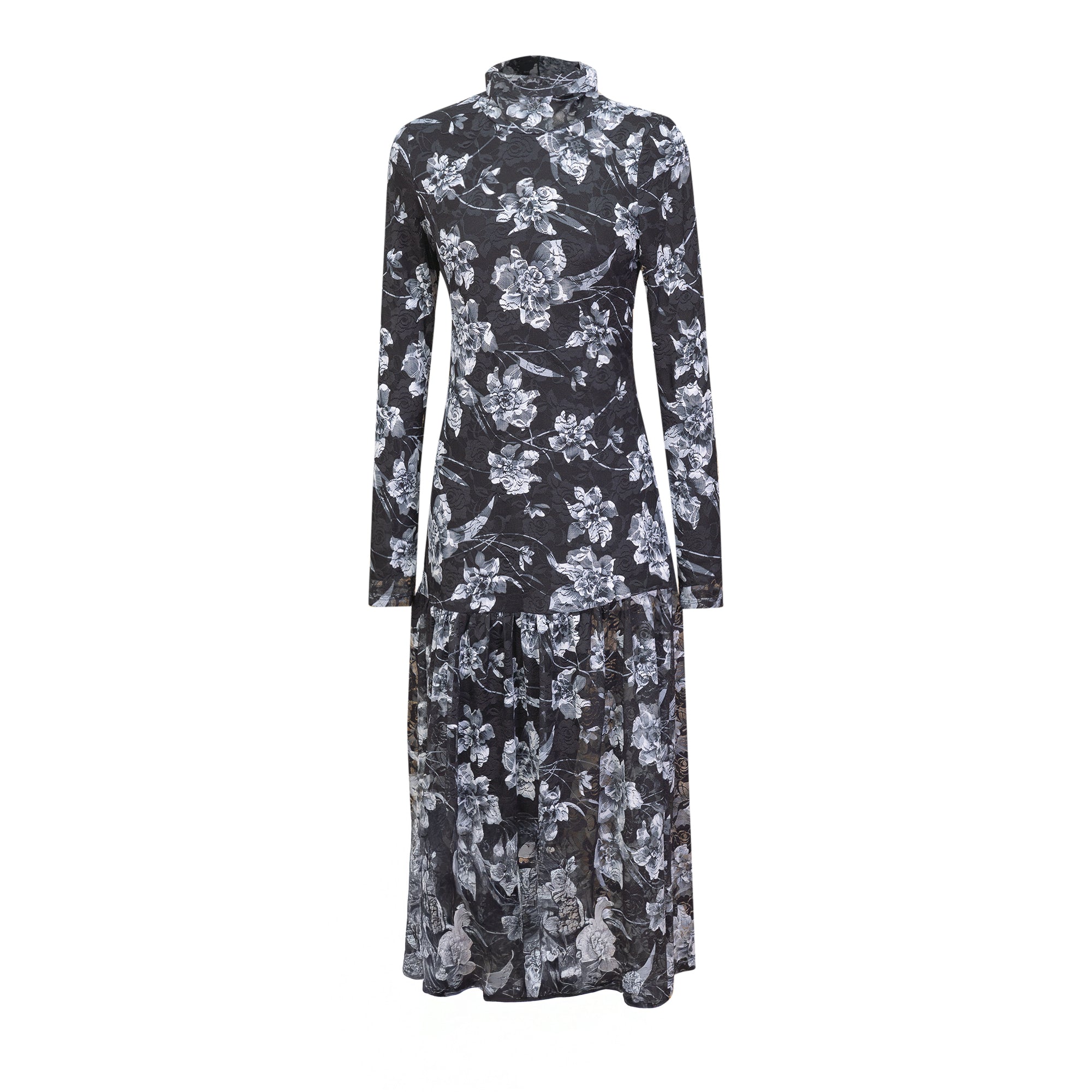 Floral Printed Sheared Dress in Black White by Note