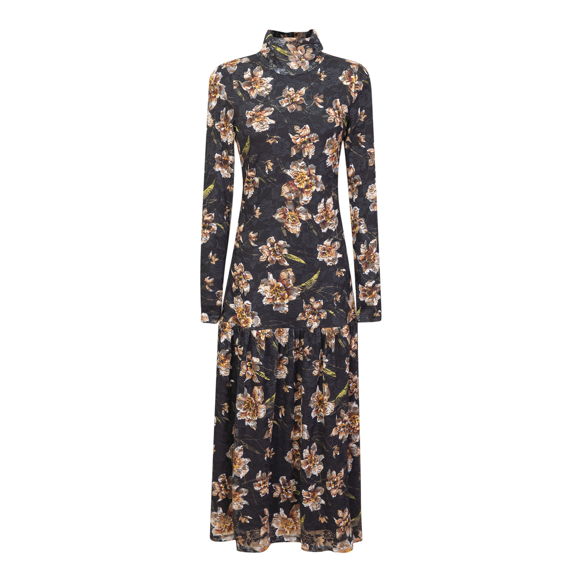 Floral Printed Sheared Dress in Black Yellow by Note