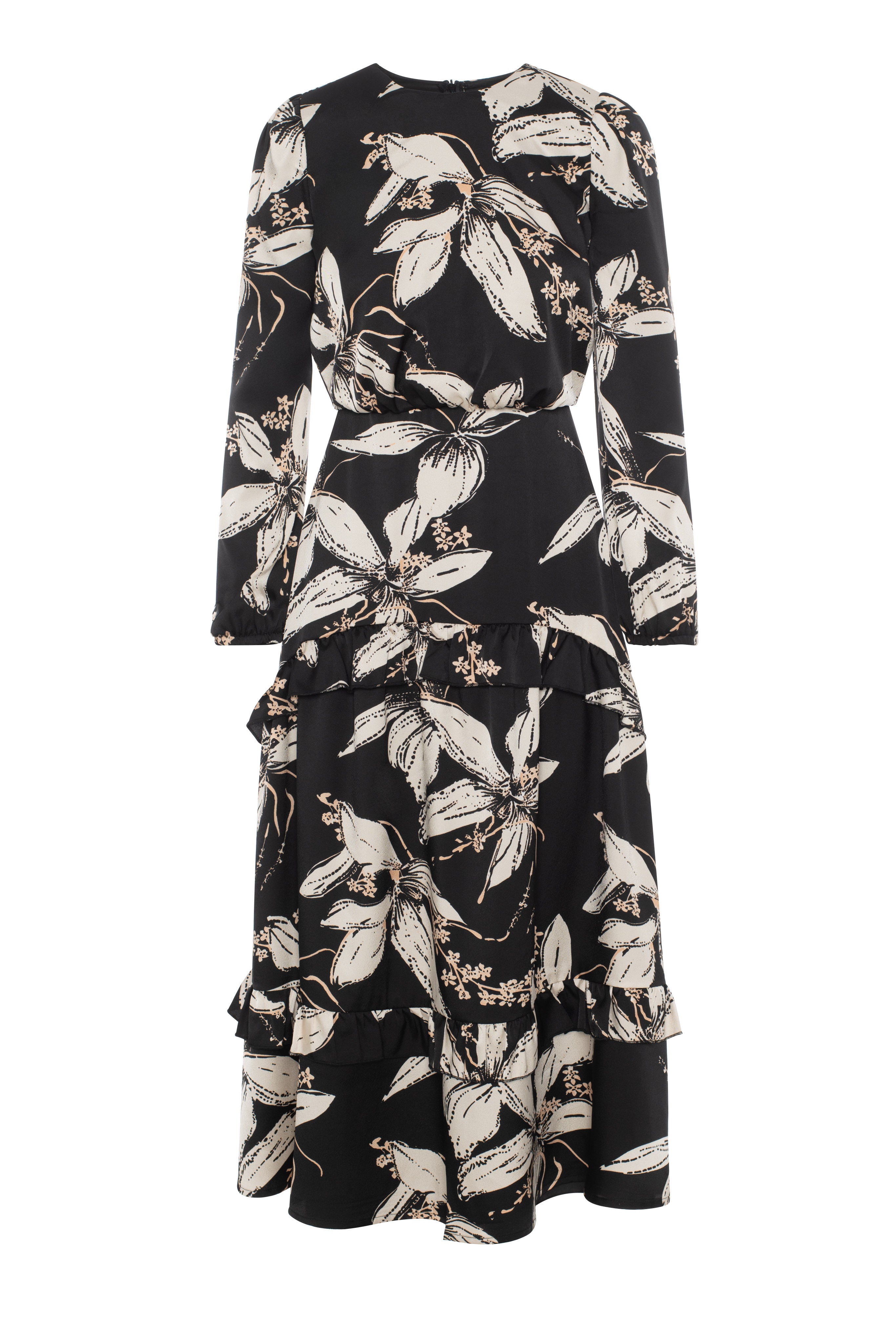 Ruffle Tiered Dress in Black Floral by Noni
