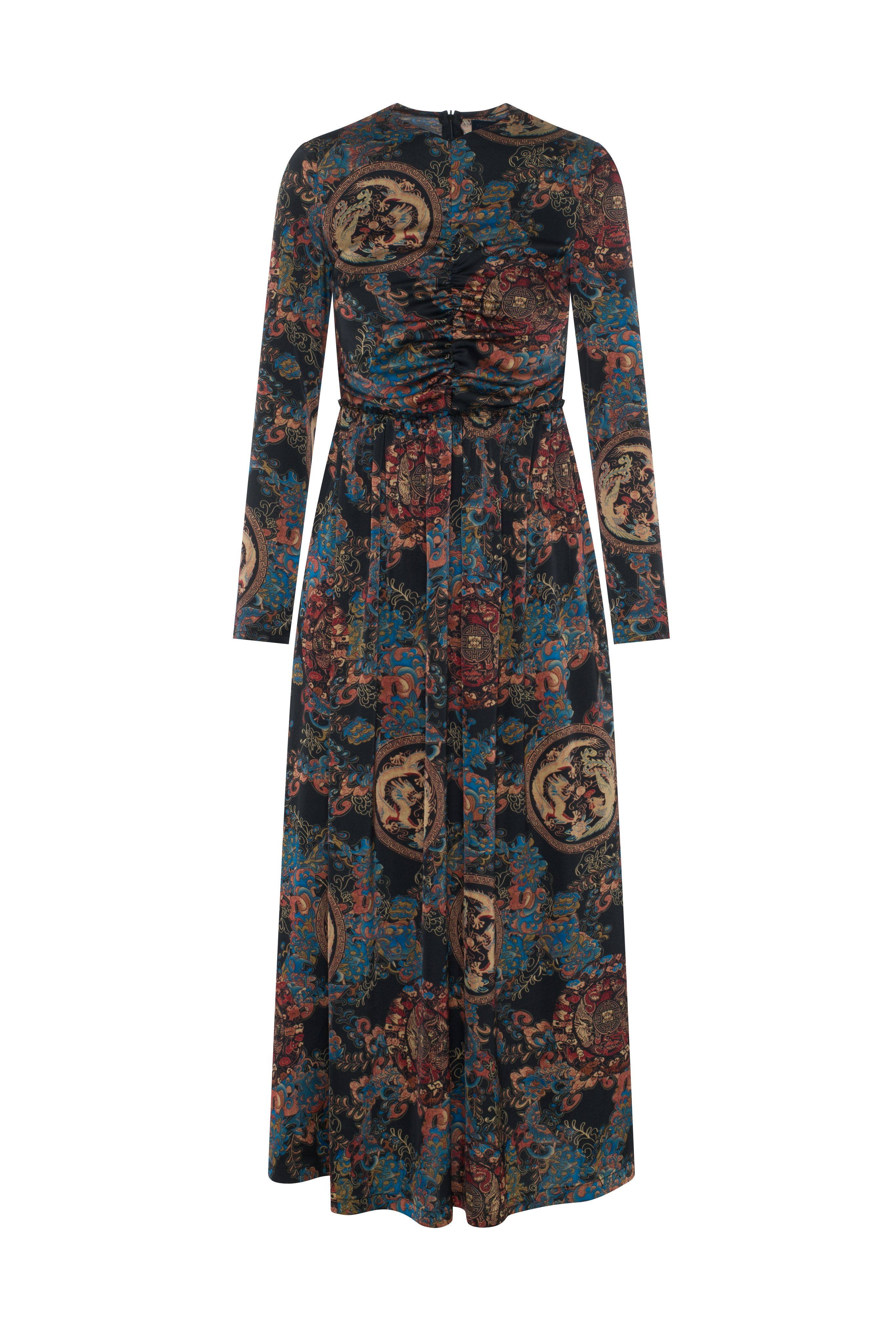 Baroque Medallion Ruched Dress in BLACK PRINT by Noni