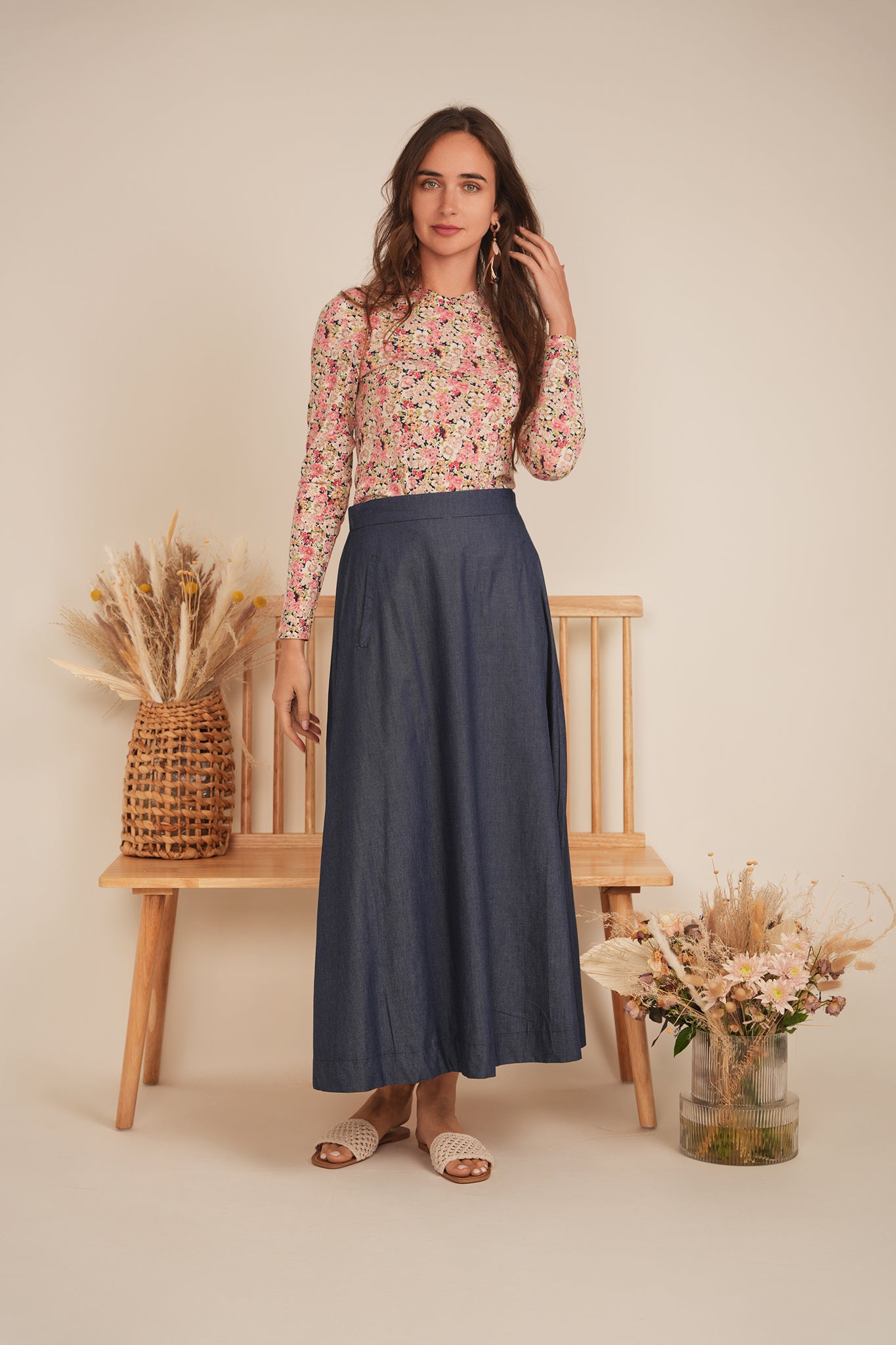 Long Denim Skirt With Pockets in by Red Myth