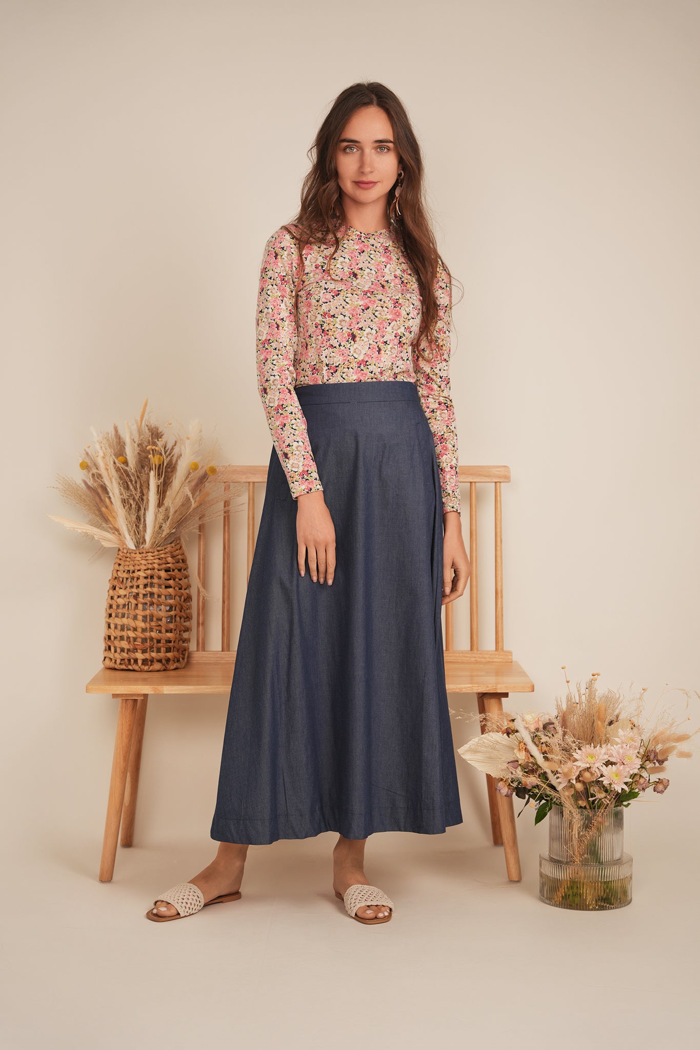 Long Denim Skirt With Pockets in by Red Myth