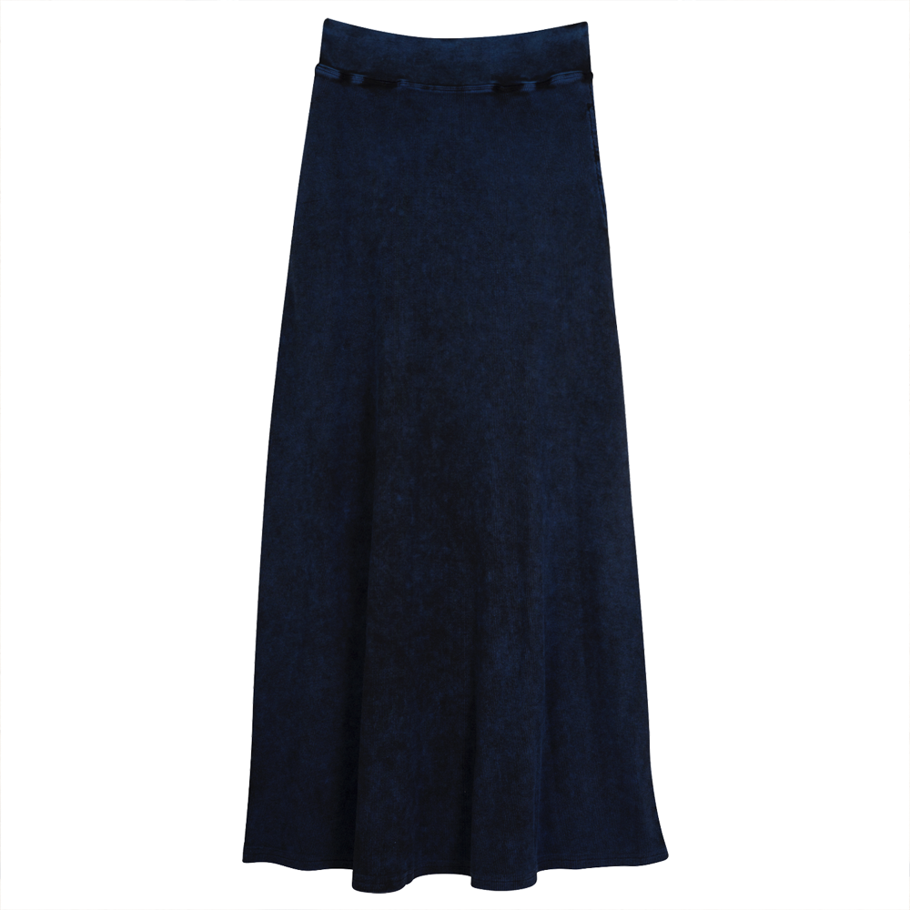 Long Denim Wash Skirt in Dark Denim Wash by QEW