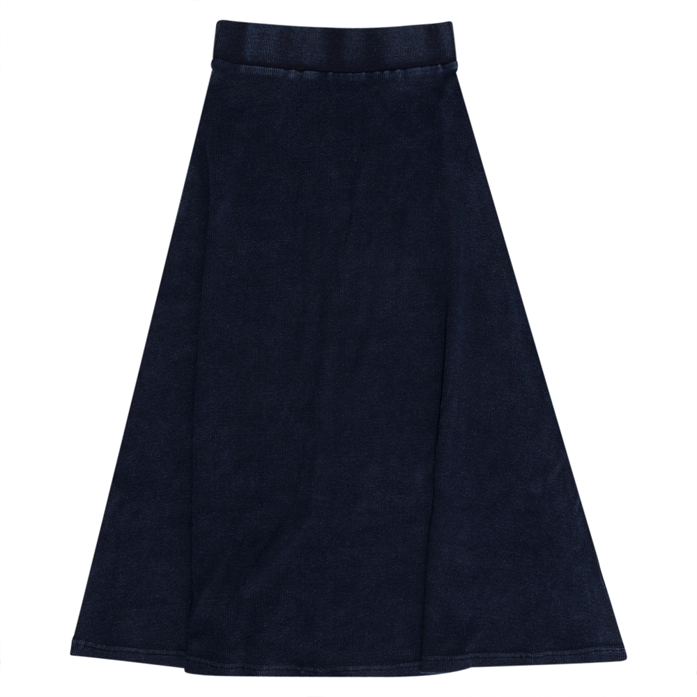 Soft Rib Denim Wash Long Flare Skirt in Dark Denim Wash by Peek a boo