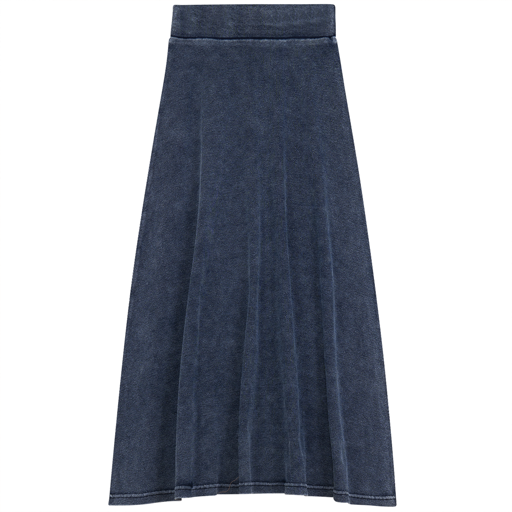 Soft Rib Denim Wash Long Flare Skirt in Light Denim Wash by Peek a boo