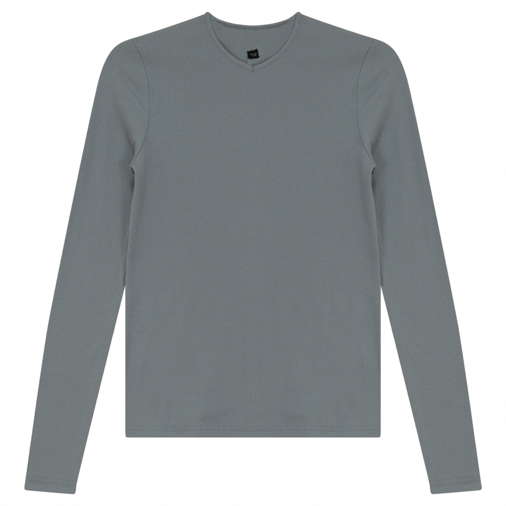 V-Neck Ribbed Tee in Dark Dusty Blue by Riff