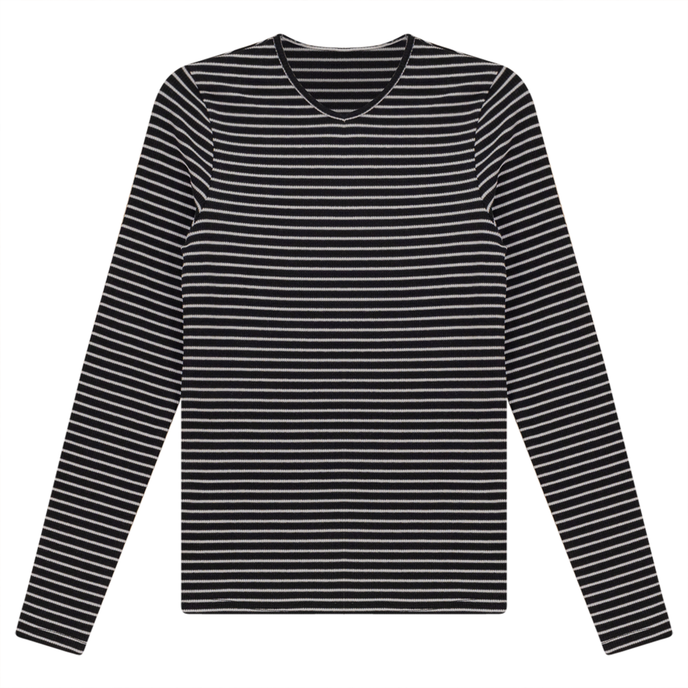 Ribbed Striped V- Neck Tee Black White Ladies Pullover by {{ product_vemdor}}