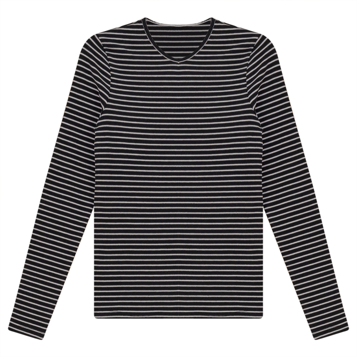 Ribbed Striped V- Neck Tee Black White Ladies Pullover by {{ product_vemdor}}