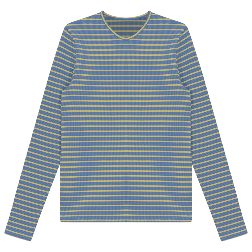 Ribbed Striped V- Neck Tee Blue Yellow Ladies Pullover by {{ product_vemdor}}