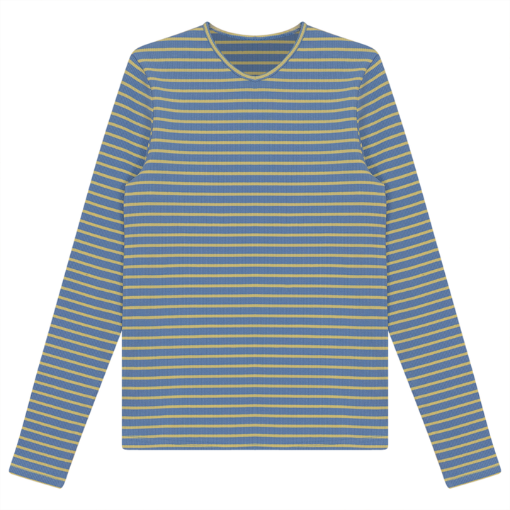 Ribbed Striped V- Neck Tee Blue Yellow Ladies Pullover by {{ product_vemdor}}