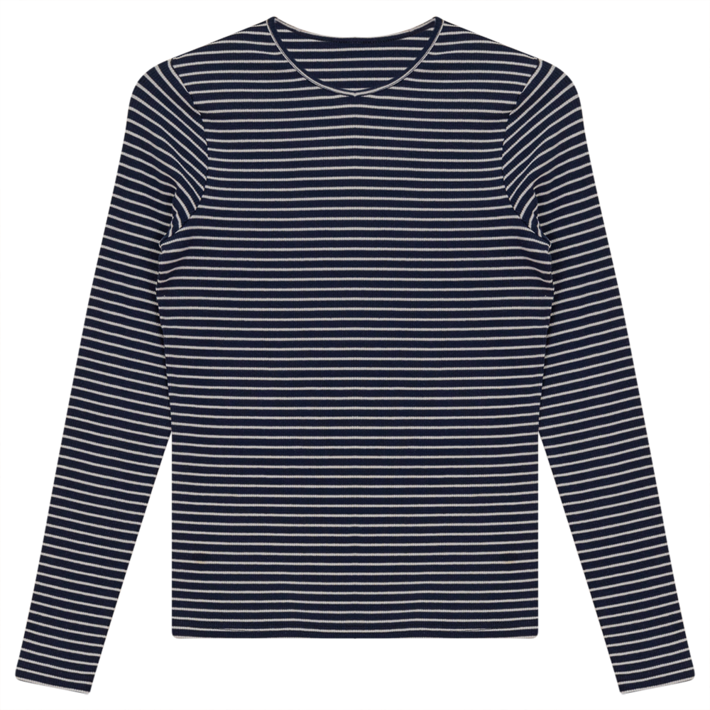 Ribbed Striped V- Neck Tee Denim White Ladies Pullover by {{ product_vemdor}}