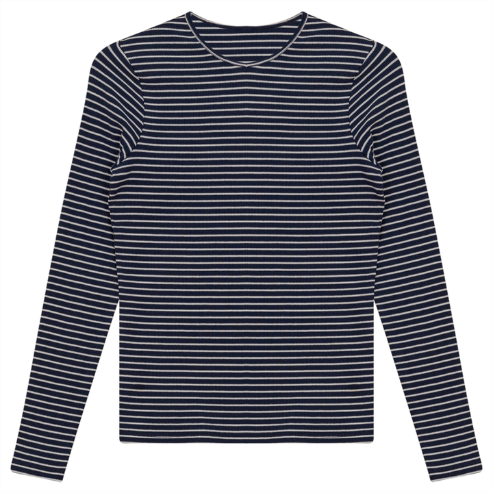 Ribbed Striped V- Neck Tee Denim White Ladies Pullover by {{ product_vemdor}}