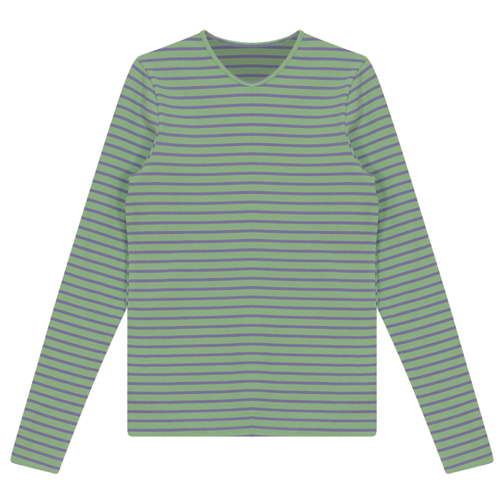 Ribbed Striped V- Neck Tee Green Plum Ladies Pullover by {{ product_vemdor}}